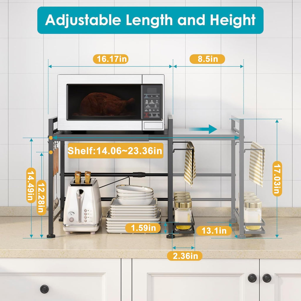 DOLALIKE Microwave Oven Rack, Expandable Microwave Stand Countertop Kitchen Utensils Tableware Storage, Carbon Steel Over Microwave Shelf Countertop with 3 Hooks