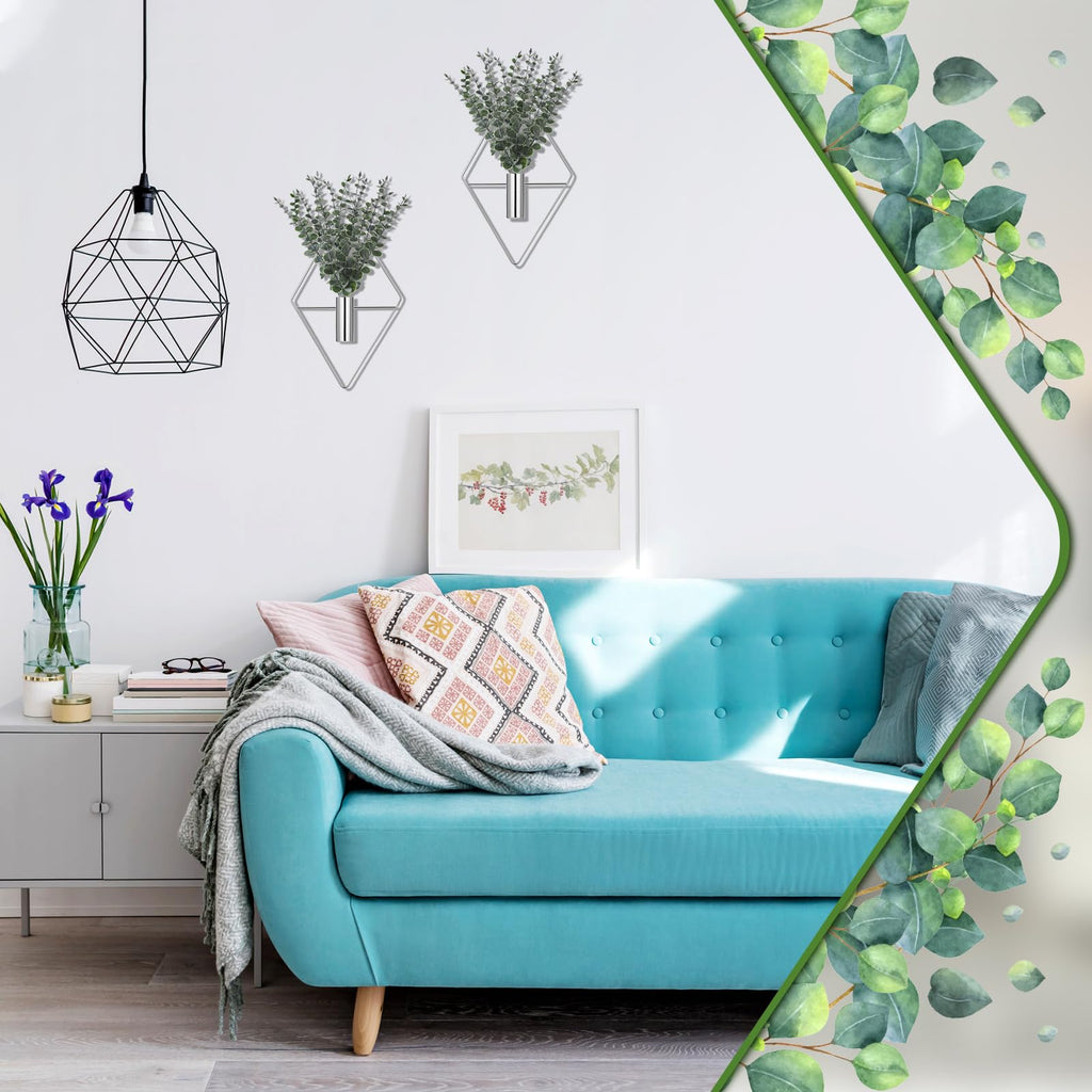Jexine 4 Pcs Hanging Planters with Artificial Eucalyptus Metal Hanging Vase Indoor Plants Holder Modern Geometric Boho Bathroom Wall Decor for Living Room Home Office(Black)