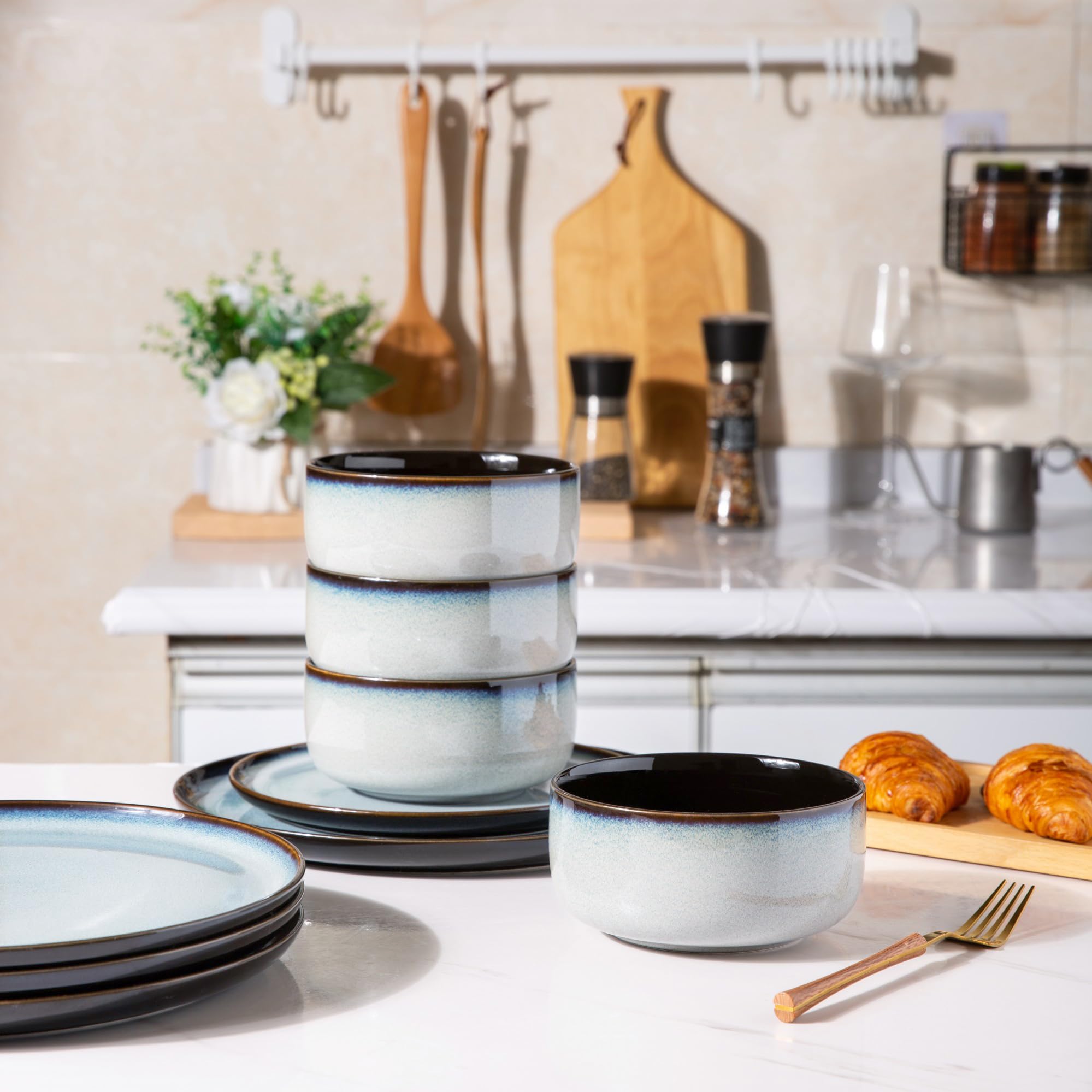 LERATIO Ceramic Dinnerware Sets for 8,Plates and Bowls Sets,Reactive Glaze Dishes Set,Highly Chip and Crack Resistant | Dishwasher & Microwave & Oven Safe Dishes set,Service for 8-Kahki (24pc)
