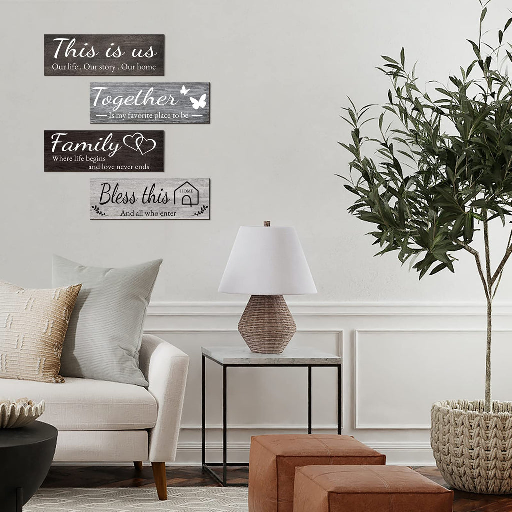 4 Pieces Home Wall Signs, THIS IS US/TOGETHER/BLESS THIS HOME/FAMILY Wall Decor For Living Room Bedroom, Rustic Wooden Farmhouse Wall Art , 4.7 x 13.8 Inch(Brown)
