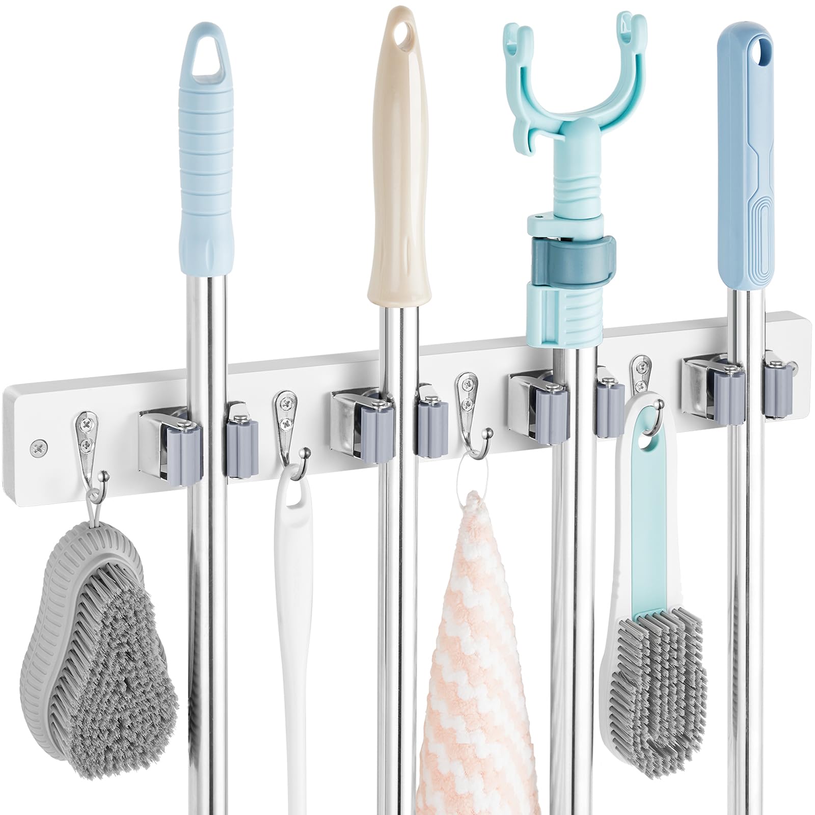 Mop and Broom Holder Wall Mount - Rustic Wood Broom Mop Hanger - Wall Mounted Garden Tool Rack Organizer for Closet Garage Laundry Room Kitchen Decor With 4 Slots & 4 Hooks