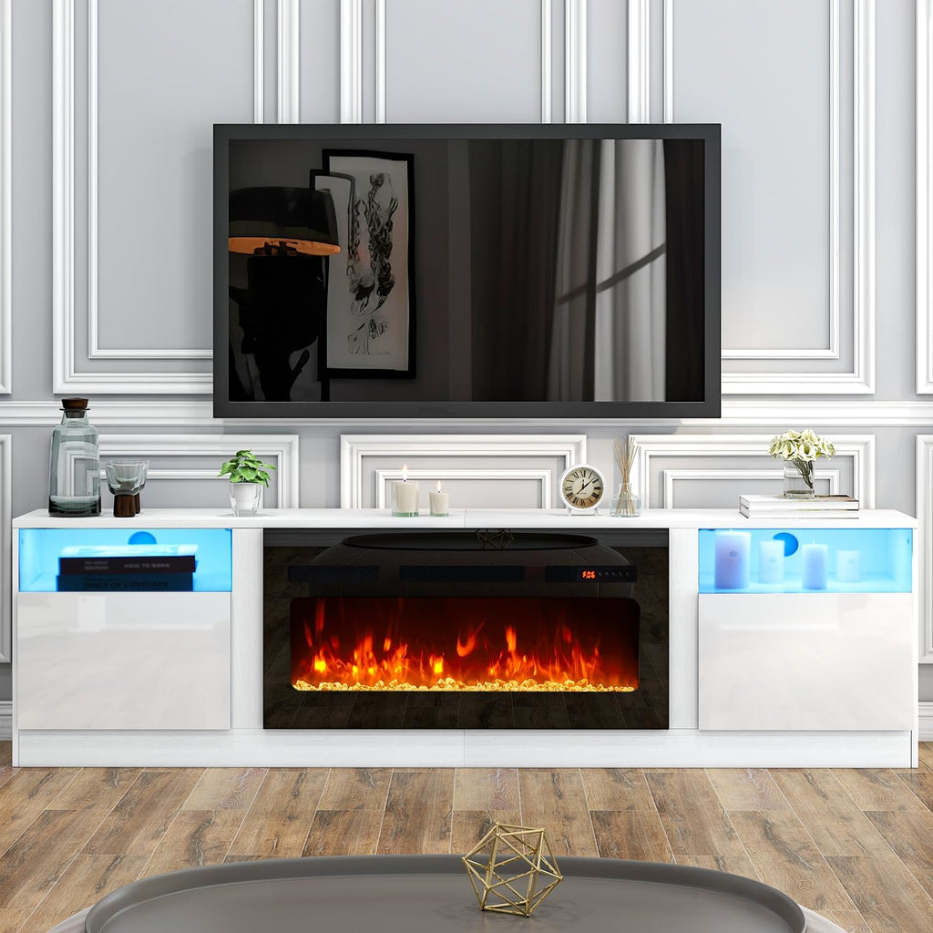 oneinmil Fireplace TV Stand with 36" Electric Fireplace, LED Light Entertainment Center, Modern Wood Texture Entertainment Stand with Highlight Storage Cabinet for TVs Up to 80", 70 inches, Black