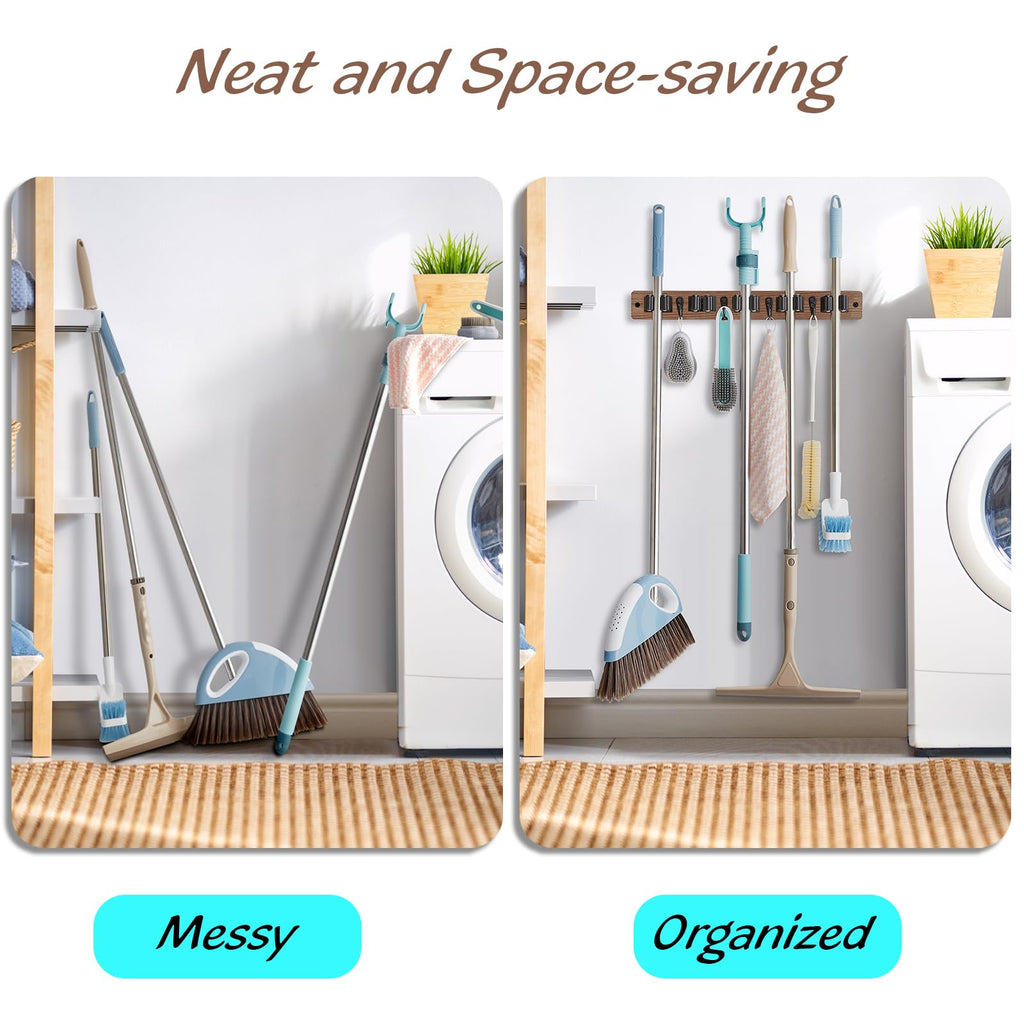 Mop and Broom Holder Wall Mount - Rustic Wood Broom Mop Hanger - Wall Mounted Garden Tool Rack Organizer for Closet Garage Laundry Room Kitchen Decor With 4 Slots & 4 Hooks
