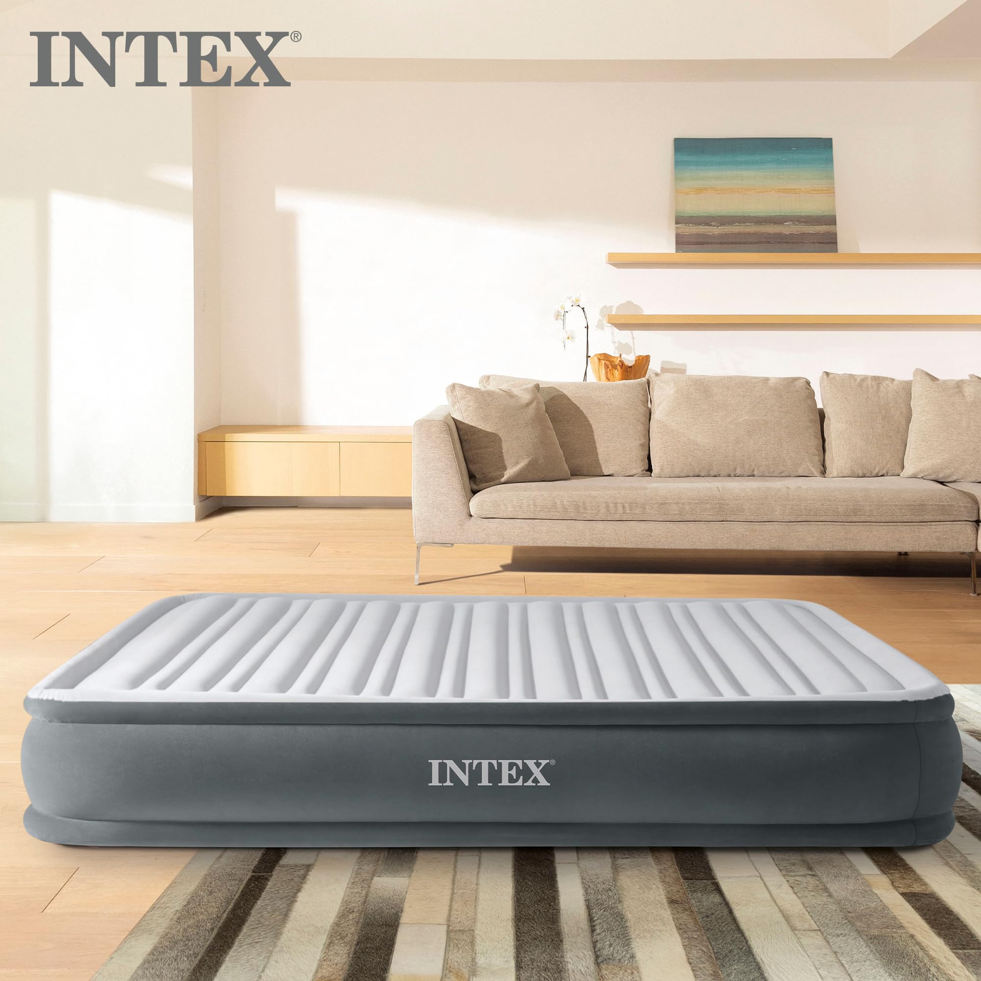 Intex 67765ED Dura-Beam Deluxe Comfort-Plush Mid-Rise Air Mattress : Fiber-Tech – Twin Size – Built-in Electric Pump – 13in Bed Height – 300lb Weight Capacity