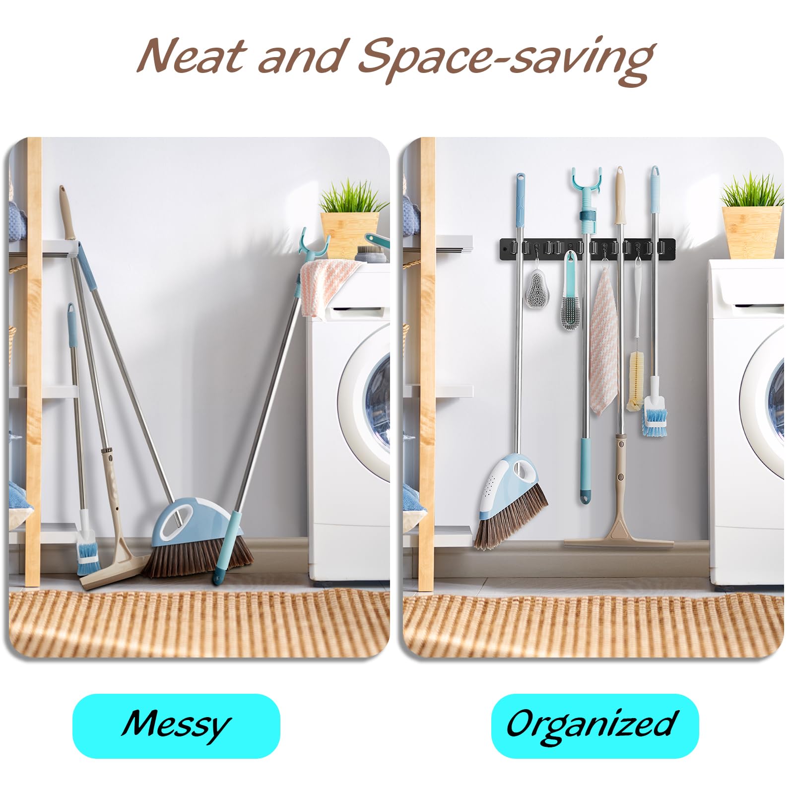 Mop and Broom Holder Wall Mount - Rustic Wood Broom Mop Hanger - Wall Mounted Garden Tool Rack Organizer for Closet Garage Laundry Room Kitchen Decor With 4 Slots & 4 Hooks