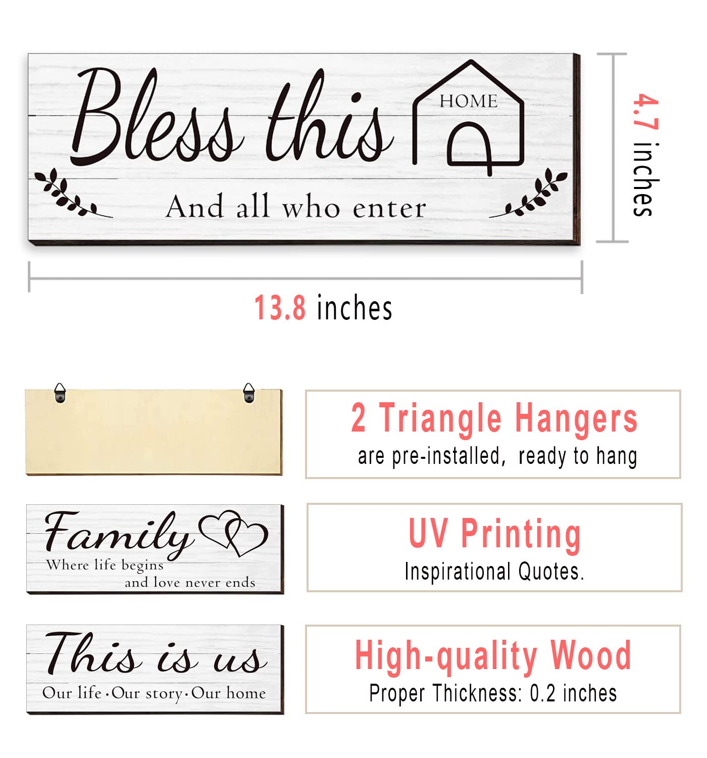 4 Pieces Home Wall Signs, THIS IS US/TOGETHER/BLESS THIS HOME/FAMILY Wall Decor For Living Room Bedroom, Rustic Wooden Farmhouse Wall Art , 4.7 x 13.8 Inch(Brown)