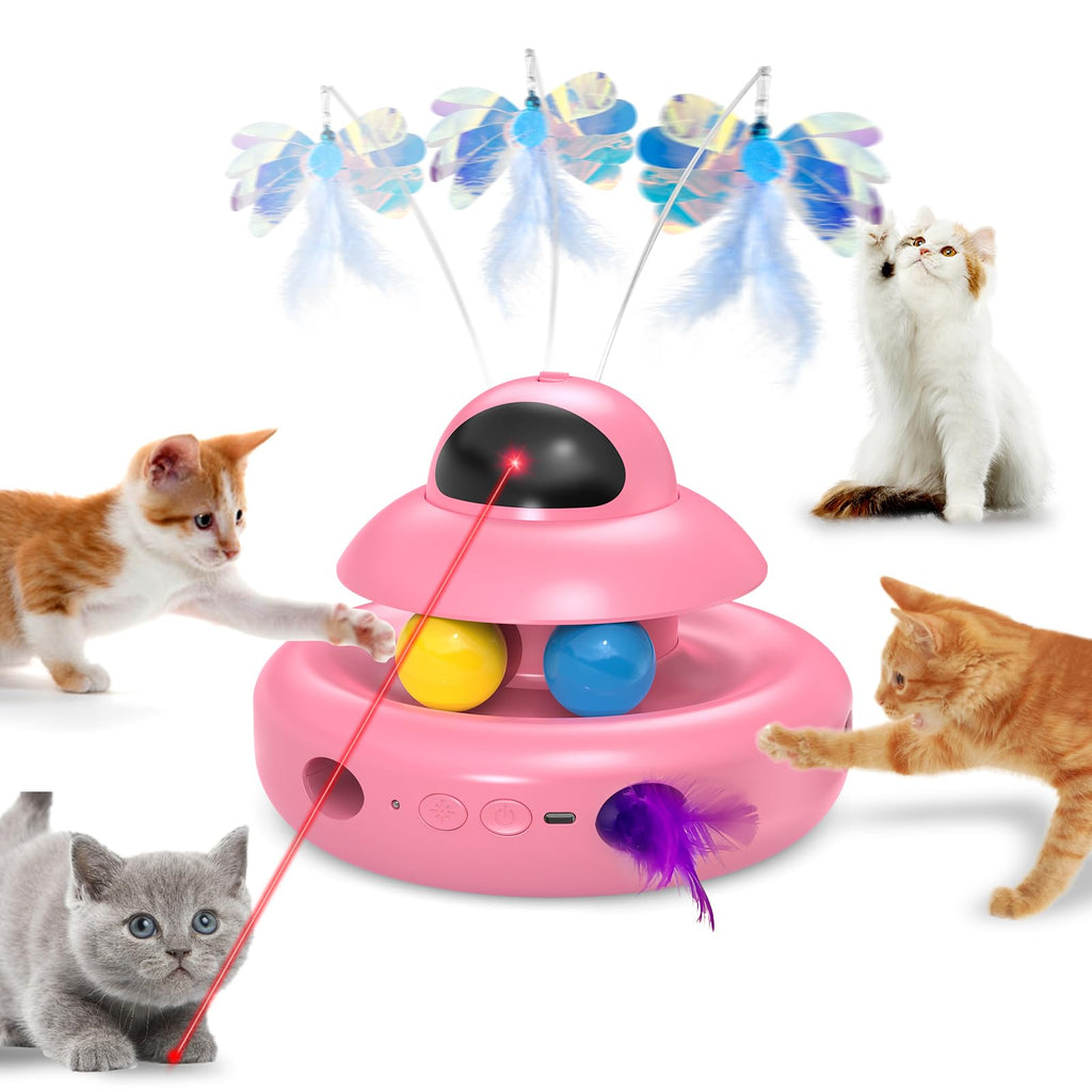 Interactive Cat Toys for Indoor Cats,4-in-1 Automatic Kitten Toy with Laser, Fluttering Butterfly, Moving Feather & Track Balls, USB Rechargeable Self-Play Electronic Toy for Kittens & Adults
