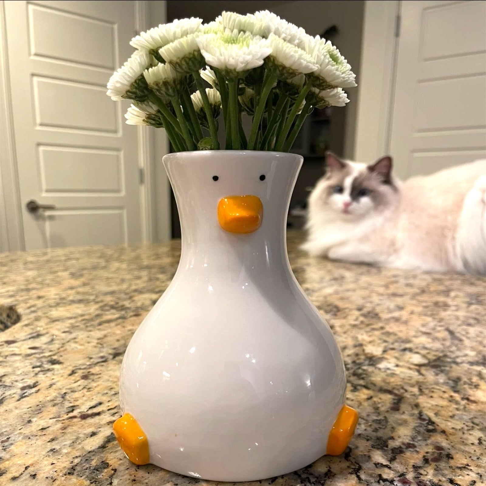 Handcrafted Ceramic White Flower Duck Vase