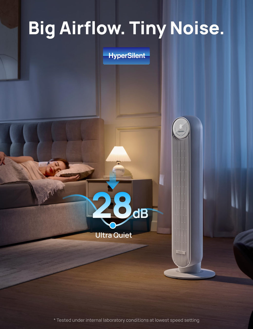DREO Tower Fan for Bedroom, 2026 Upgraded DC Motor, 28ft/s High Velocity, 20dB Ultra Quiet Standing Fan, 8 Speeds 4 Modes, 90° Oscillating Bladeless Fan for Indoors, Floor Fans with Remote, Black