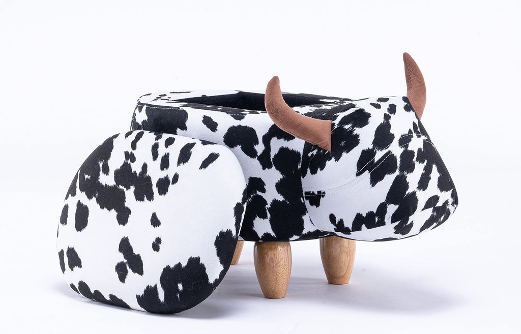 Home 2 Office Cow Ottoman for Kids' Bedroom, Playroom, Nursery, and Living Room, Animal Ottoman with Storage, Footstool for Kids, Black/White