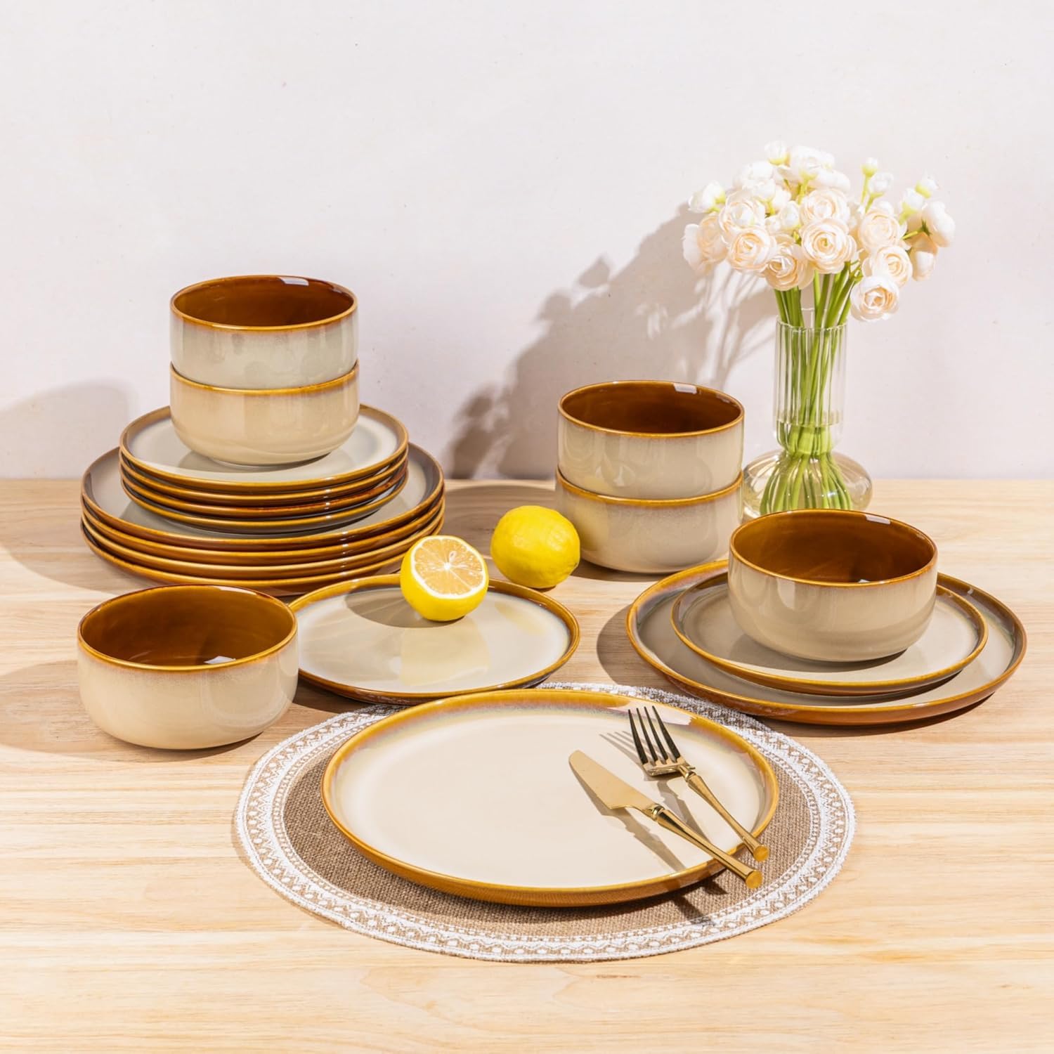 LERATIO Ceramic Dinnerware Sets for 8,Plates and Bowls Sets,Reactive Glaze Dishes Set,Highly Chip and Crack Resistant | Dishwasher & Microwave & Oven Safe Dishes set,Service for 8-Kahki (24pc)