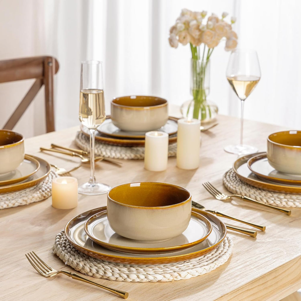 LERATIO Ceramic Dinnerware Sets for 8,Plates and Bowls Sets,Reactive Glaze Dishes Set,Highly Chip and Crack Resistant | Dishwasher & Microwave & Oven Safe Dishes set,Service for 8-Kahki (24pc)