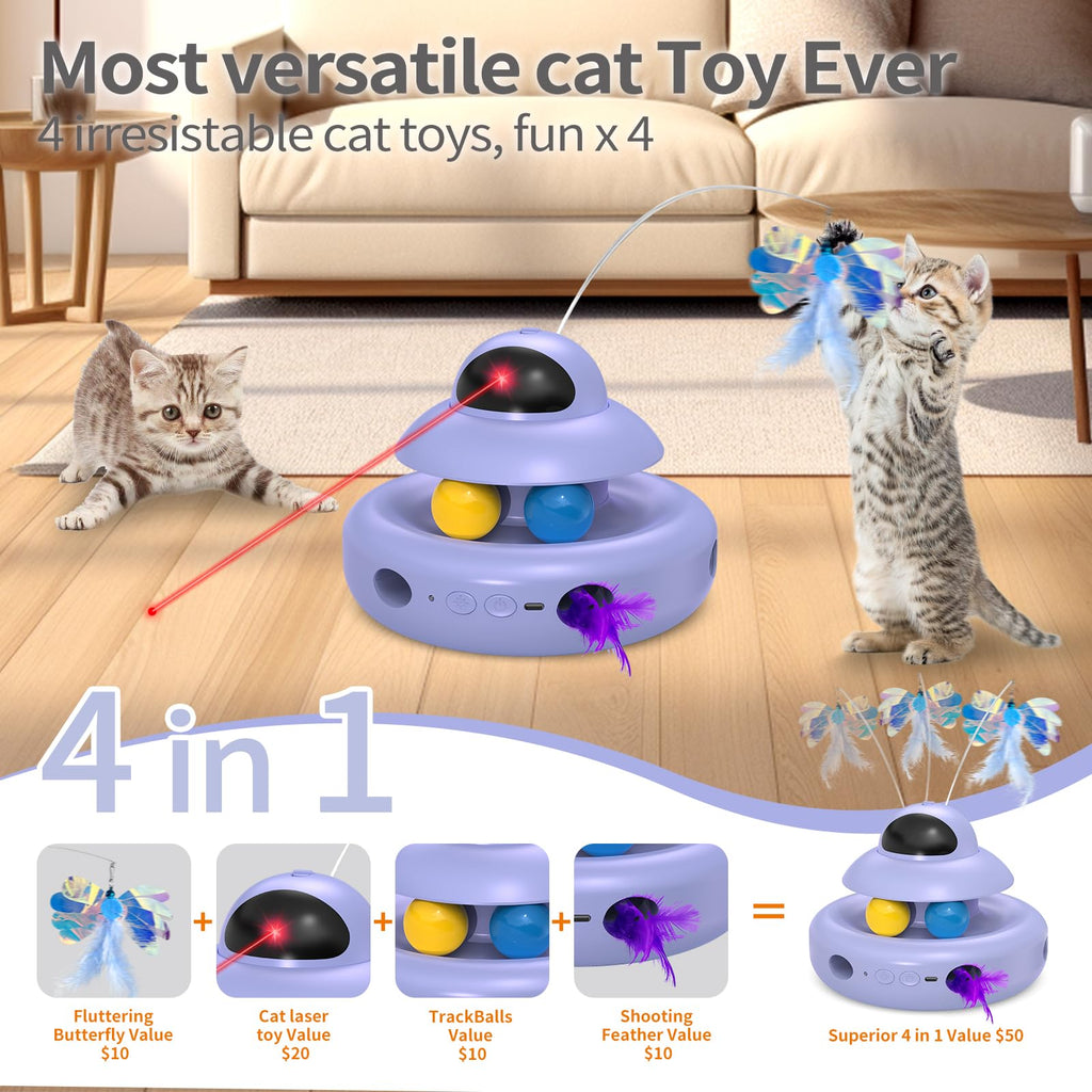 Interactive Cat Toys for Indoor Cats,4-in-1 Automatic Kitten Toy with Laser, Fluttering Butterfly, Moving Feather & Track Balls, USB Rechargeable Self-Play Electronic Toy for Kittens & Adults