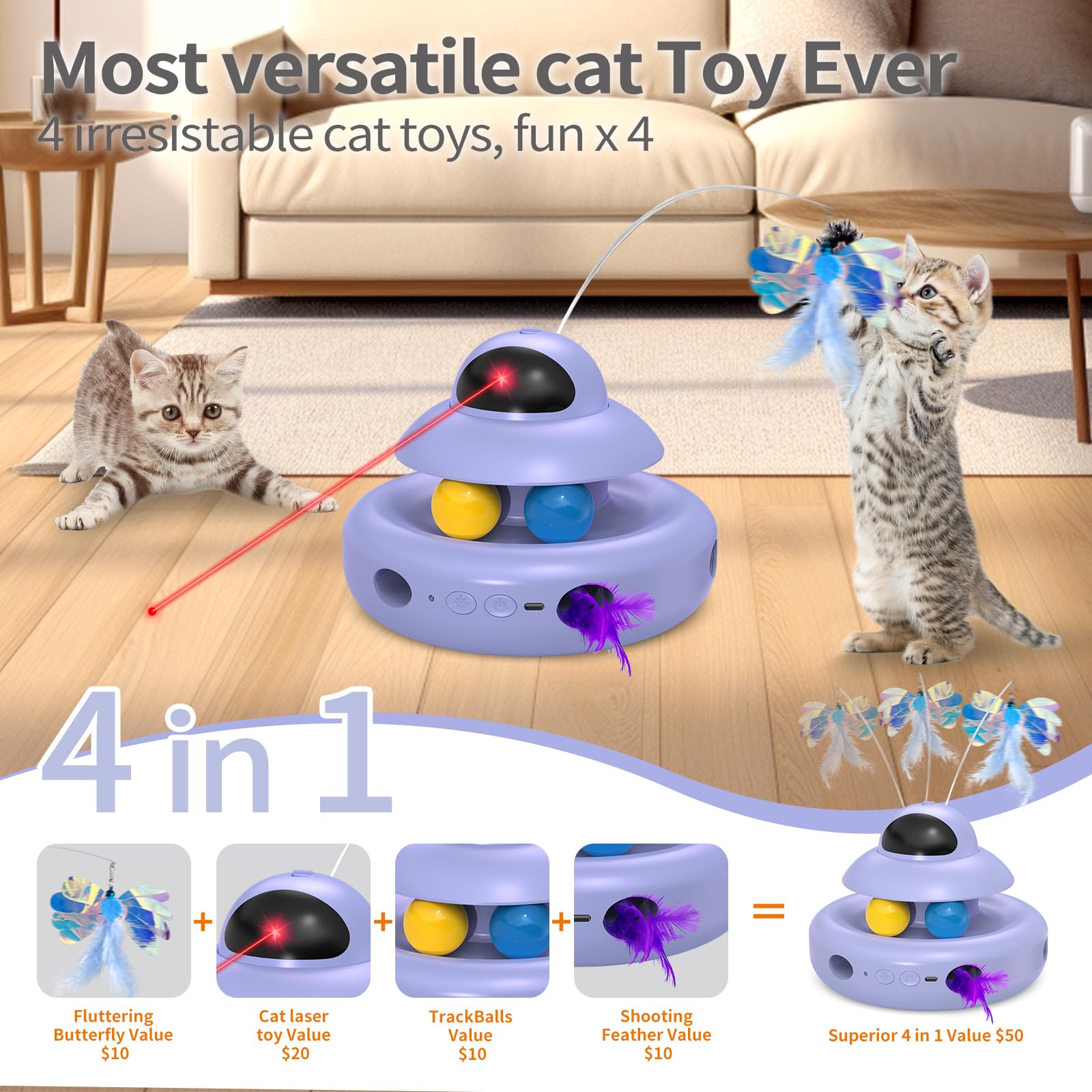 Interactive Cat Toys for Indoor Cats,4-in-1 Automatic Kitten Toy with Laser, Fluttering Butterfly, Moving Feather & Track Balls, USB Rechargeable Self-Play Electronic Toy for Kittens & Adults