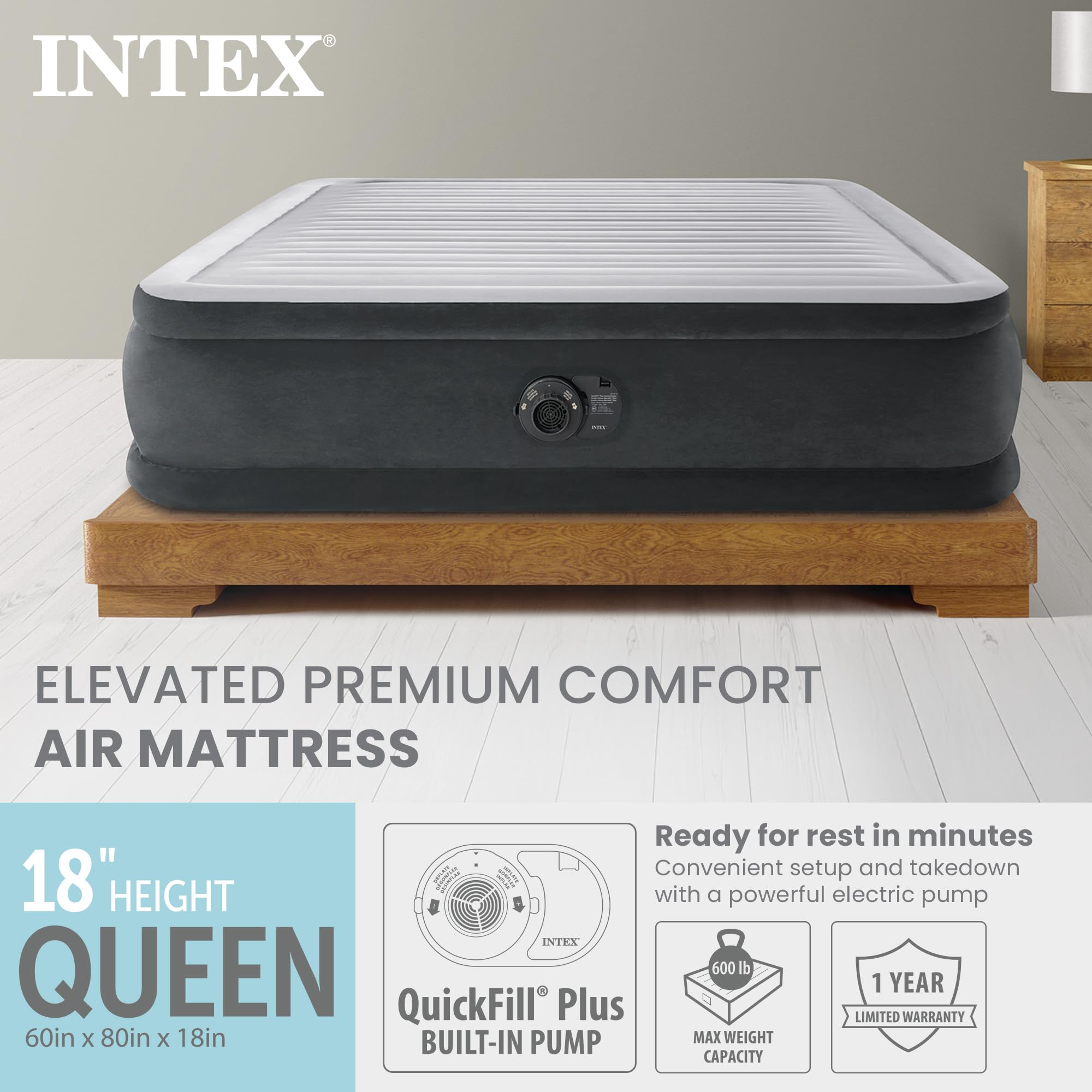 Intex 67765ED Dura-Beam Deluxe Comfort-Plush Mid-Rise Air Mattress : Fiber-Tech – Twin Size – Built-in Electric Pump – 13in Bed Height – 300lb Weight Capacity