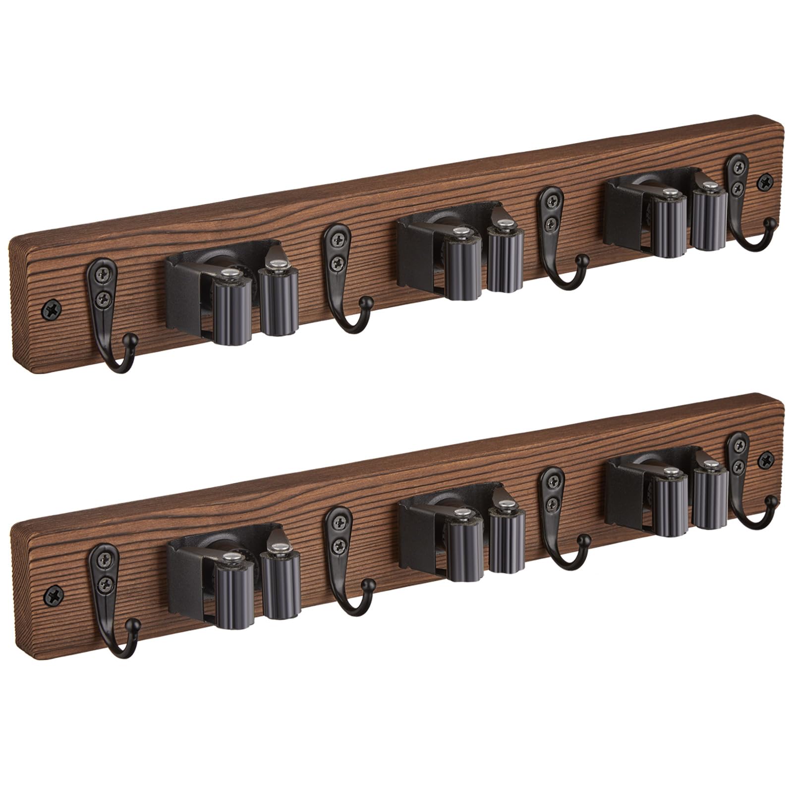 Mop and Broom Holder Wall Mount - Rustic Wood Broom Mop Hanger - Wall Mounted Garden Tool Rack Organizer for Closet Garage Laundry Room Kitchen Decor With 4 Slots & 4 Hooks