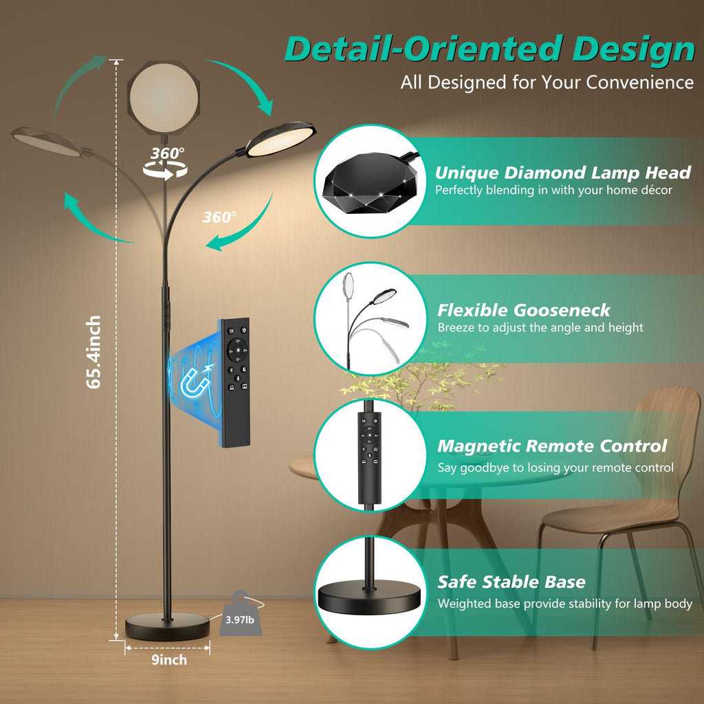 Floor Lamp, Adjustable Height Floor Lamps for Living Room Bedroom, 120 LED Super Bright Standing Lamp Remote & Touch Control Dimmable Gooseneck Tall Stand Reading Lamp for Office Craft, Black