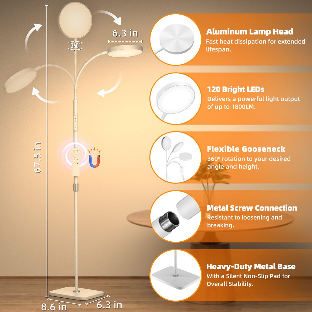Floor Lamp, Adjustable Height Floor Lamps for Living Room Bedroom, 120 LED Super Bright Standing Lamp Remote & Touch Control Dimmable Gooseneck Tall Stand Reading Lamp for Office Craft, Black