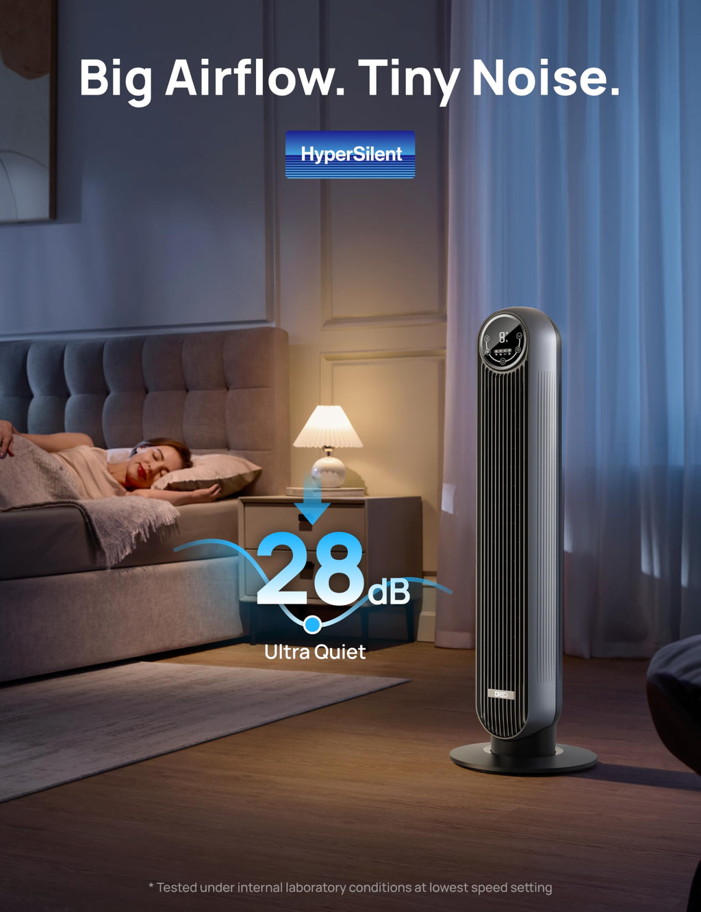 DREO Tower Fan for Bedroom, 2026 Upgraded DC Motor, 28ft/s High Velocity, 20dB Ultra Quiet Standing Fan, 8 Speeds 4 Modes, 90° Oscillating Bladeless Fan for Indoors, Floor Fans with Remote, Black