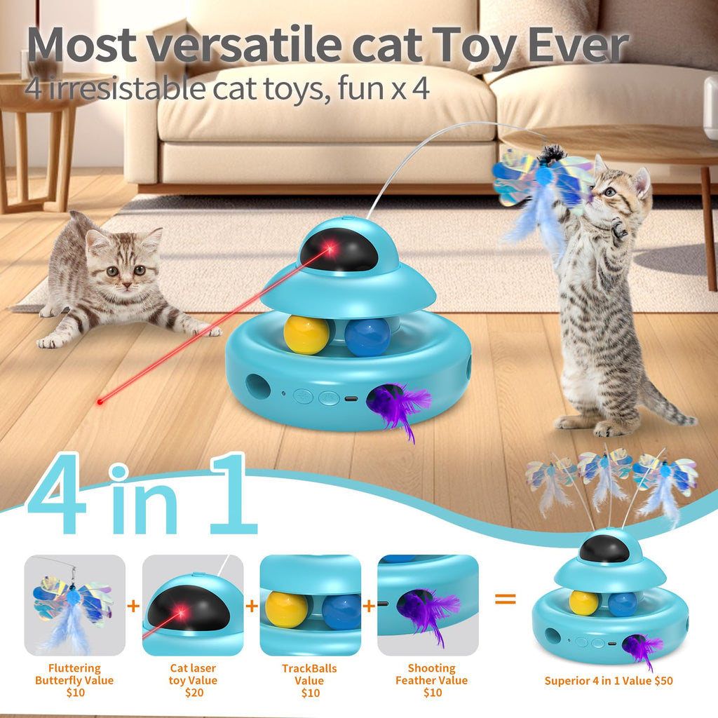 Interactive Cat Toys for Indoor Cats,4-in-1 Automatic Kitten Toy with Laser, Fluttering Butterfly, Moving Feather & Track Balls, USB Rechargeable Self-Play Electronic Toy for Kittens & Adults