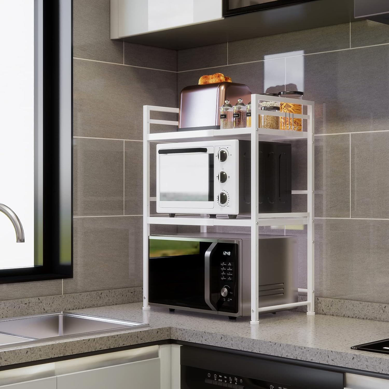 DOLALIKE Microwave Oven Rack, Expandable Microwave Stand Countertop Kitchen Utensils Tableware Storage, Carbon Steel Over Microwave Shelf Countertop with 3 Hooks