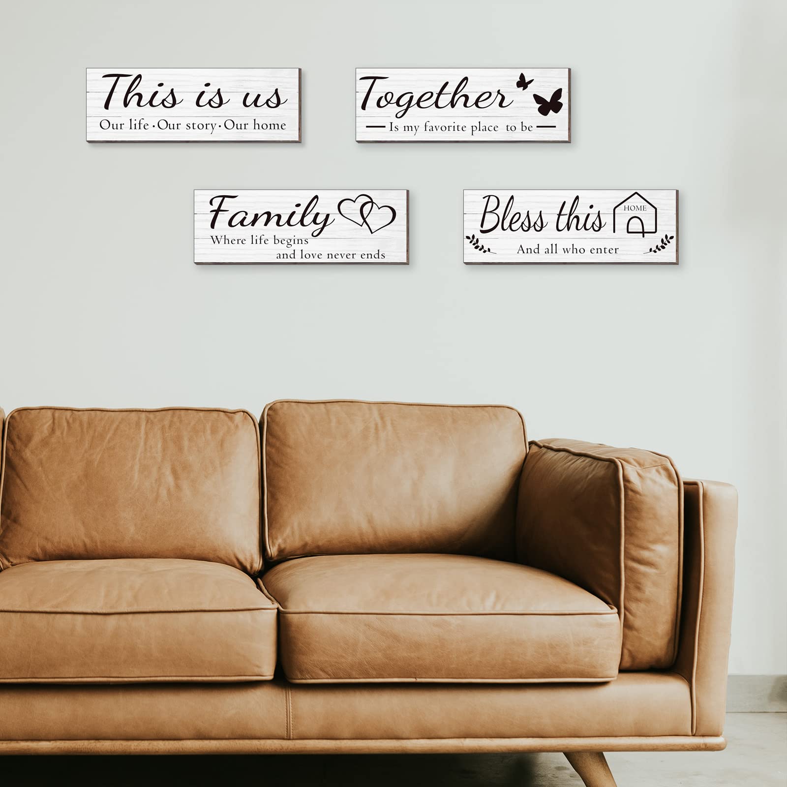 4 Pieces Home Wall Signs, THIS IS US/TOGETHER/BLESS THIS HOME/FAMILY Wall Decor For Living Room Bedroom, Rustic Wooden Farmhouse Wall Art , 4.7 x 13.8 Inch(Brown)