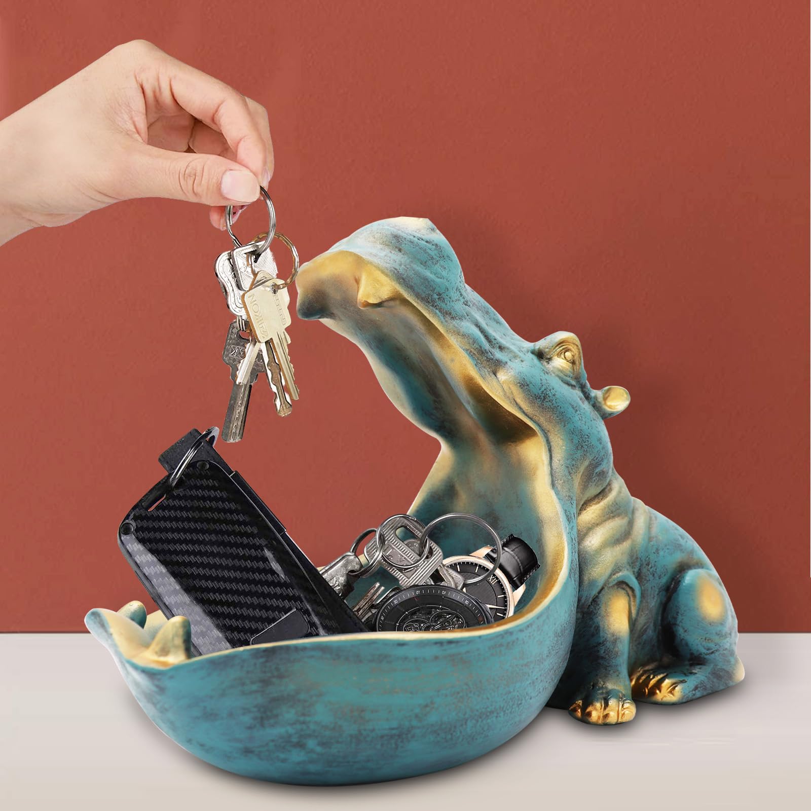 aboxoo Hippo Statue,Large Hippopotamus Figurine Home Sculpture with Resin, Hippo Candy Jar, Candy Dish Bowl for Office Desk, Key Bowl for Entryway Table,Container Storage Art Decor Box(Dark Blue)