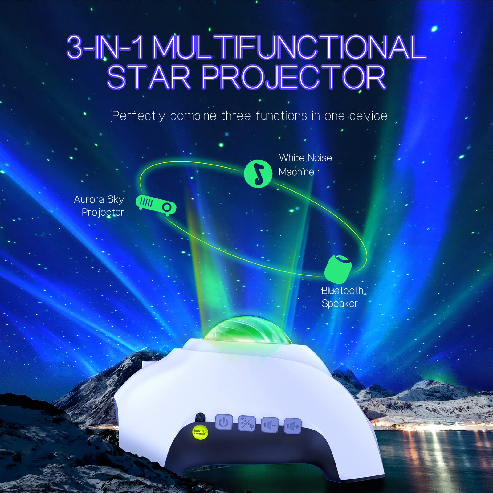 Northern Galaxy Aurora Projector – 33 Dynamic Light Effects, LED Star & Nebula Night Light with Remote Control, White Noise Sounds, and Bluetooth Speaker for Bedroom & Parties