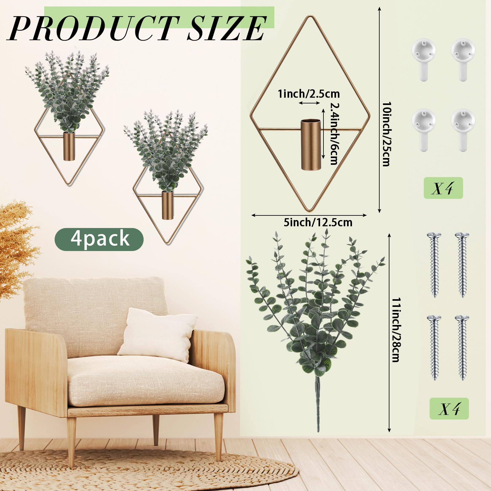 Jexine 4 Pcs Hanging Planters with Artificial Eucalyptus Metal Hanging Vase Indoor Plants Holder Modern Geometric Boho Bathroom Wall Decor for Living Room Home Office(Black)