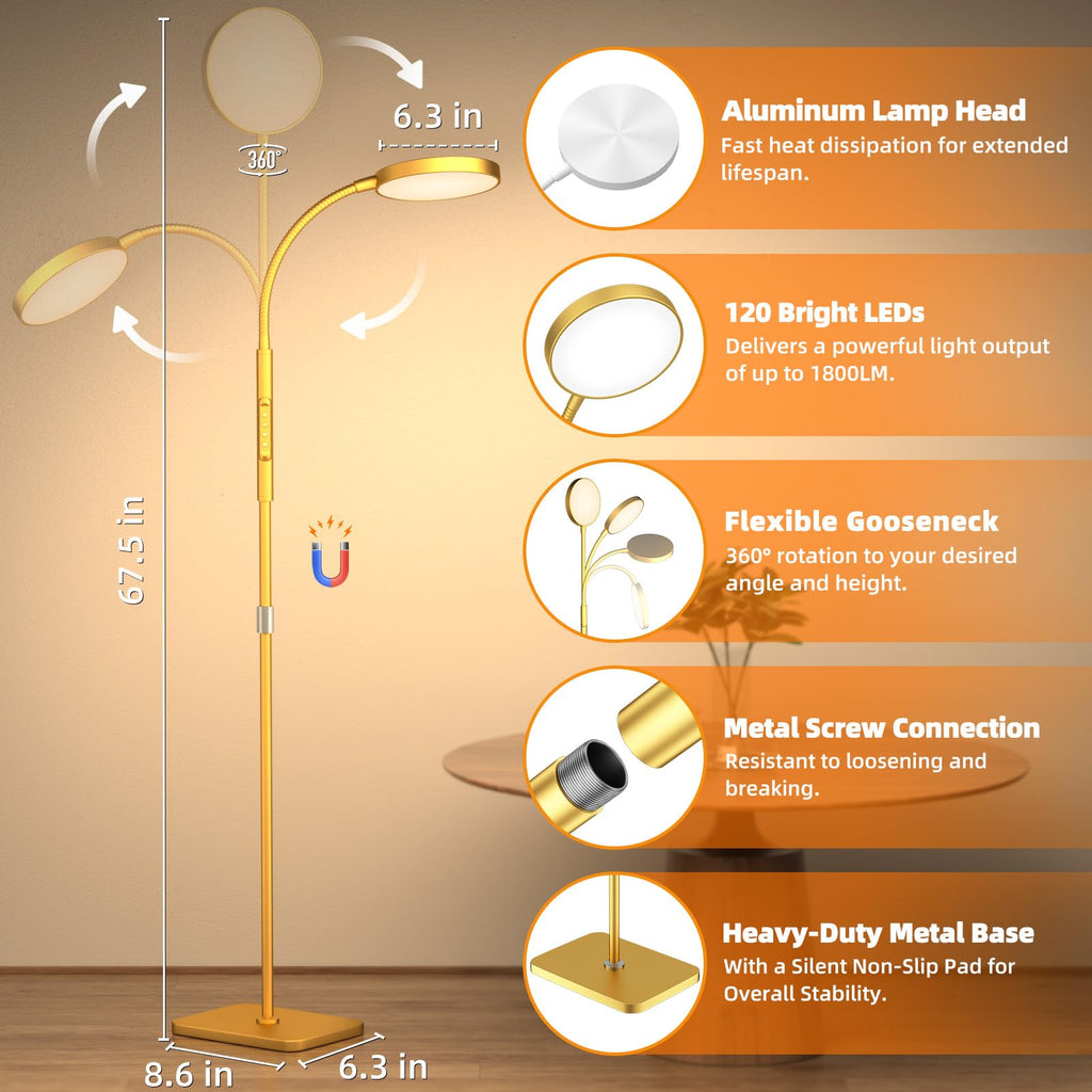 Floor Lamp, Adjustable Height Floor Lamps for Living Room Bedroom, 120 LED Super Bright Standing Lamp Remote & Touch Control Dimmable Gooseneck Tall Stand Reading Lamp for Office Craft, Black