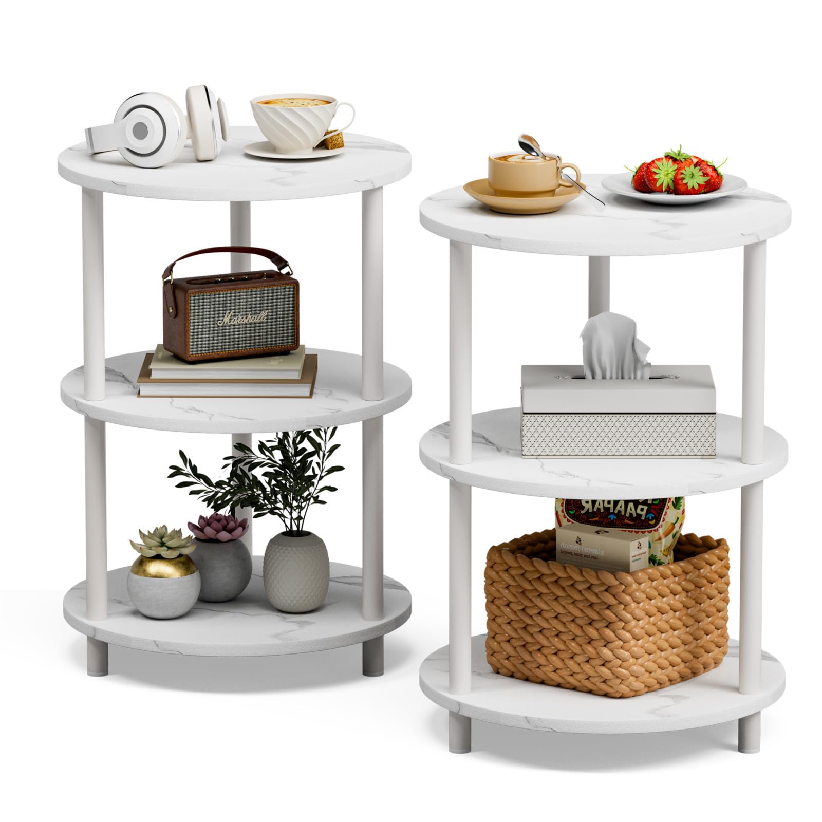 Small Round Coffee Table - 3 Tier Design Accent Table, Narrow Side or Bedside Stand, Industrial Vintage Nightstand for Bedroom, Living Room, or Small Spaces, Rustic Brown