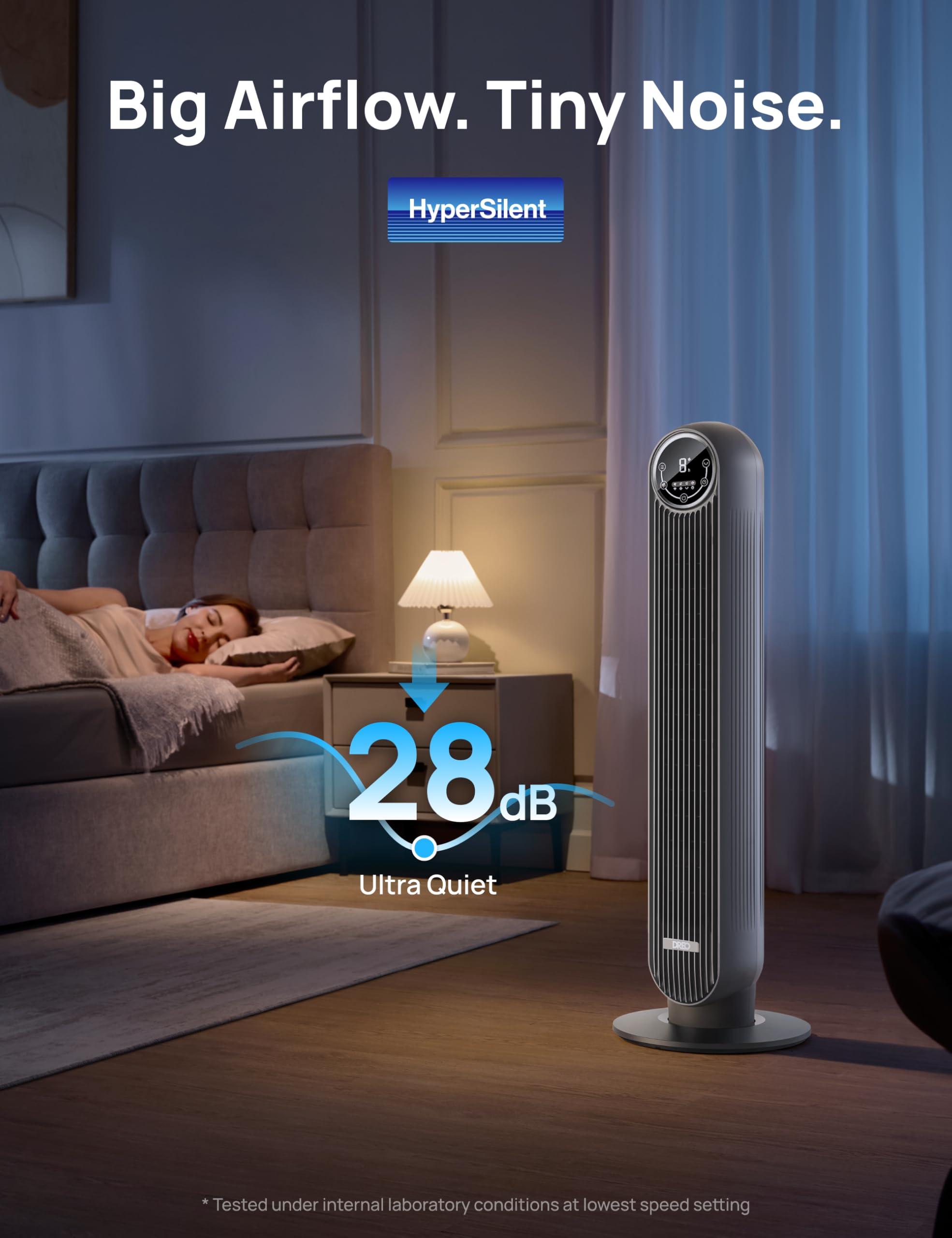 DREO Tower Fan for Bedroom, 2026 Upgraded DC Motor, 28ft/s High Velocity, 20dB Ultra Quiet Standing Fan, 8 Speeds 4 Modes, 90° Oscillating Bladeless Fan for Indoors, Floor Fans with Remote, Black