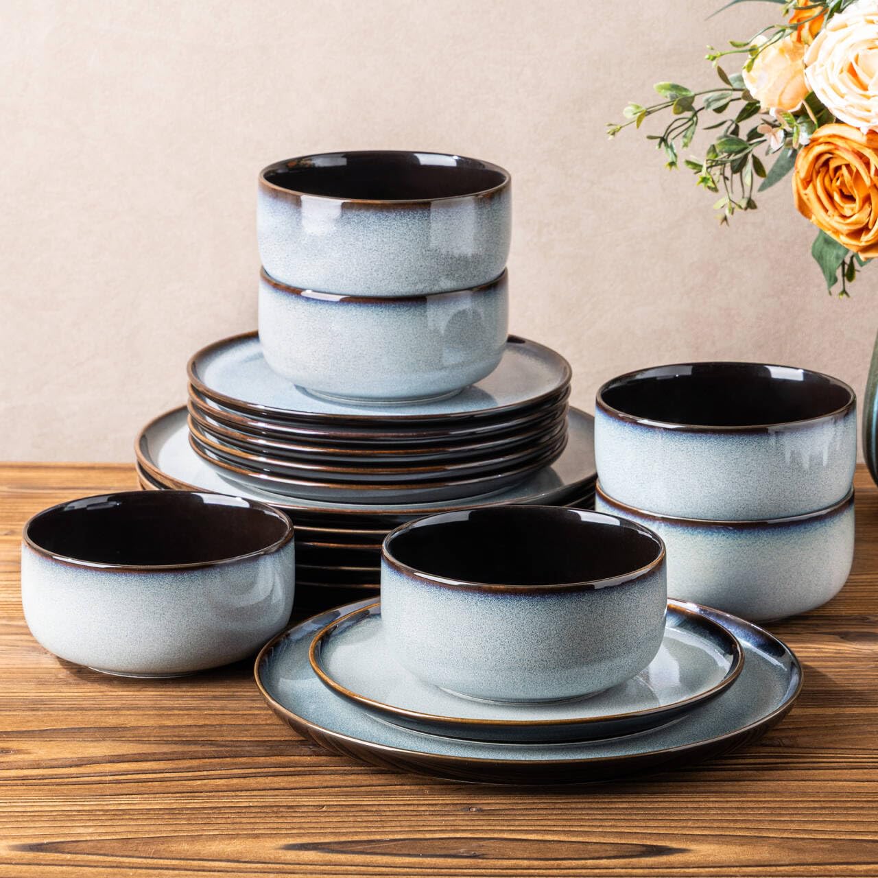 LERATIO Ceramic Dinnerware Sets for 8,Plates and Bowls Sets,Reactive Glaze Dishes Set,Highly Chip and Crack Resistant | Dishwasher & Microwave & Oven Safe Dishes set,Service for 8-Kahki (24pc)