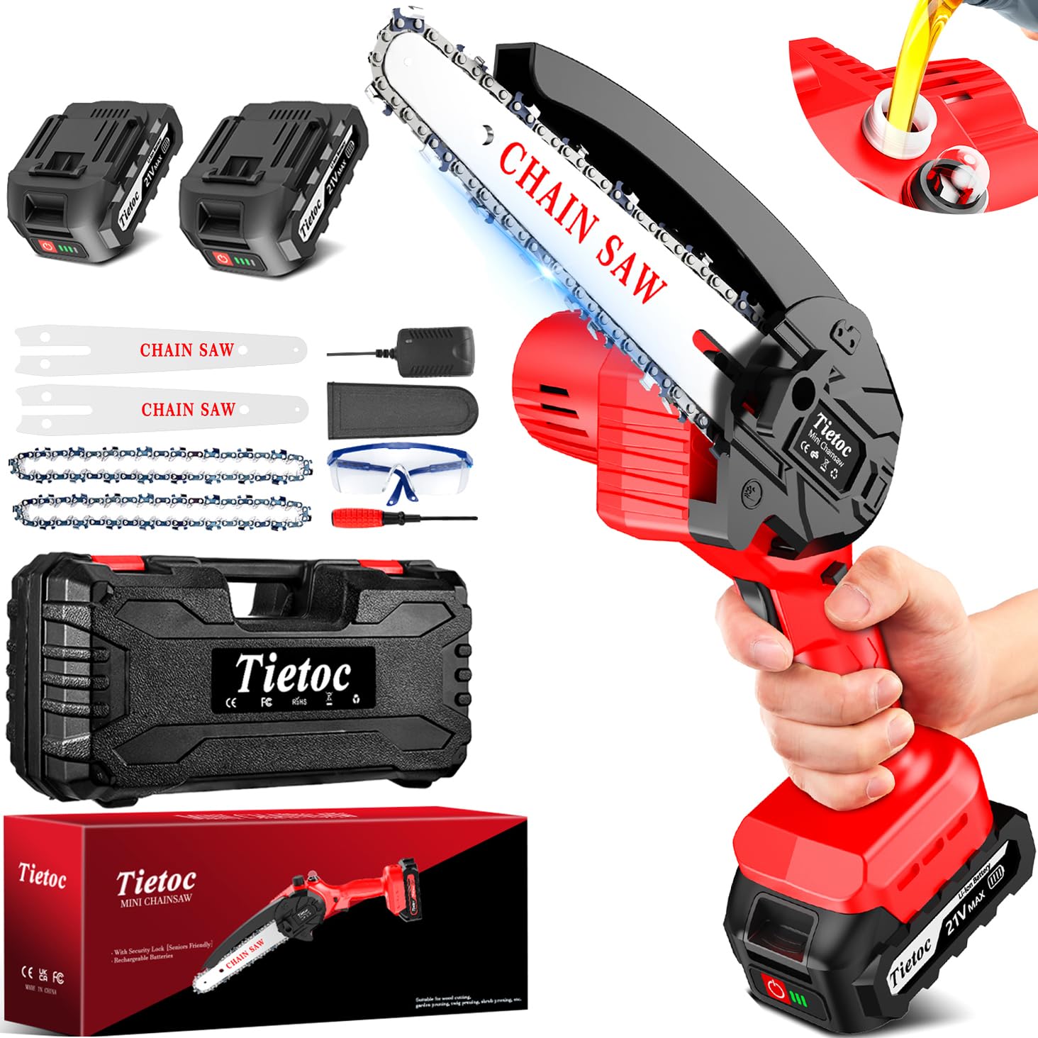 Tietoc Chainsaw 6 Inch Mini Electric Chainsaw Cordless Battery Powered, Hand Held Saw for Wood/Trees Trimming, Tools for Household and Garden, Chain Saw Gift for Men Dad Husband Fathers Gardener 2025