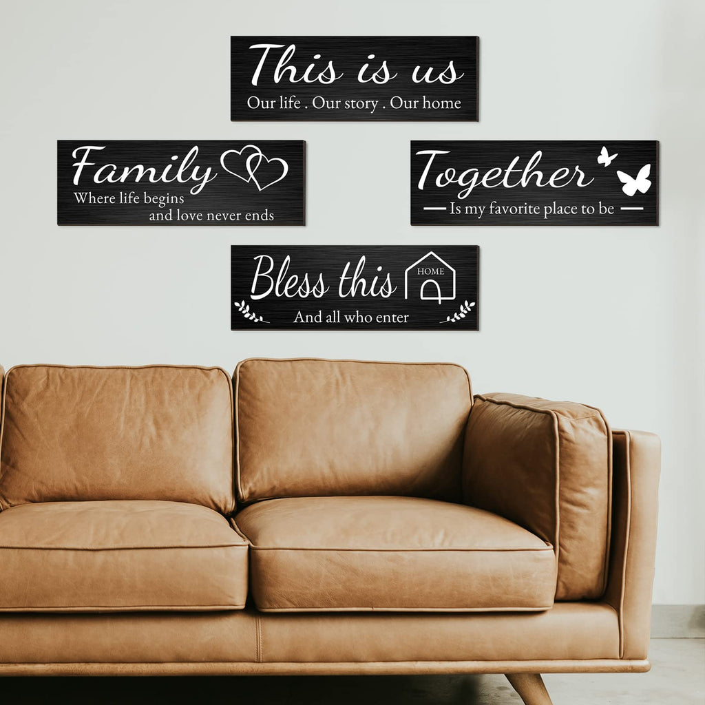4 Pieces Home Wall Signs, THIS IS US/TOGETHER/BLESS THIS HOME/FAMILY Wall Decor For Living Room Bedroom, Rustic Wooden Farmhouse Wall Art , 4.7 x 13.8 Inch(Brown)