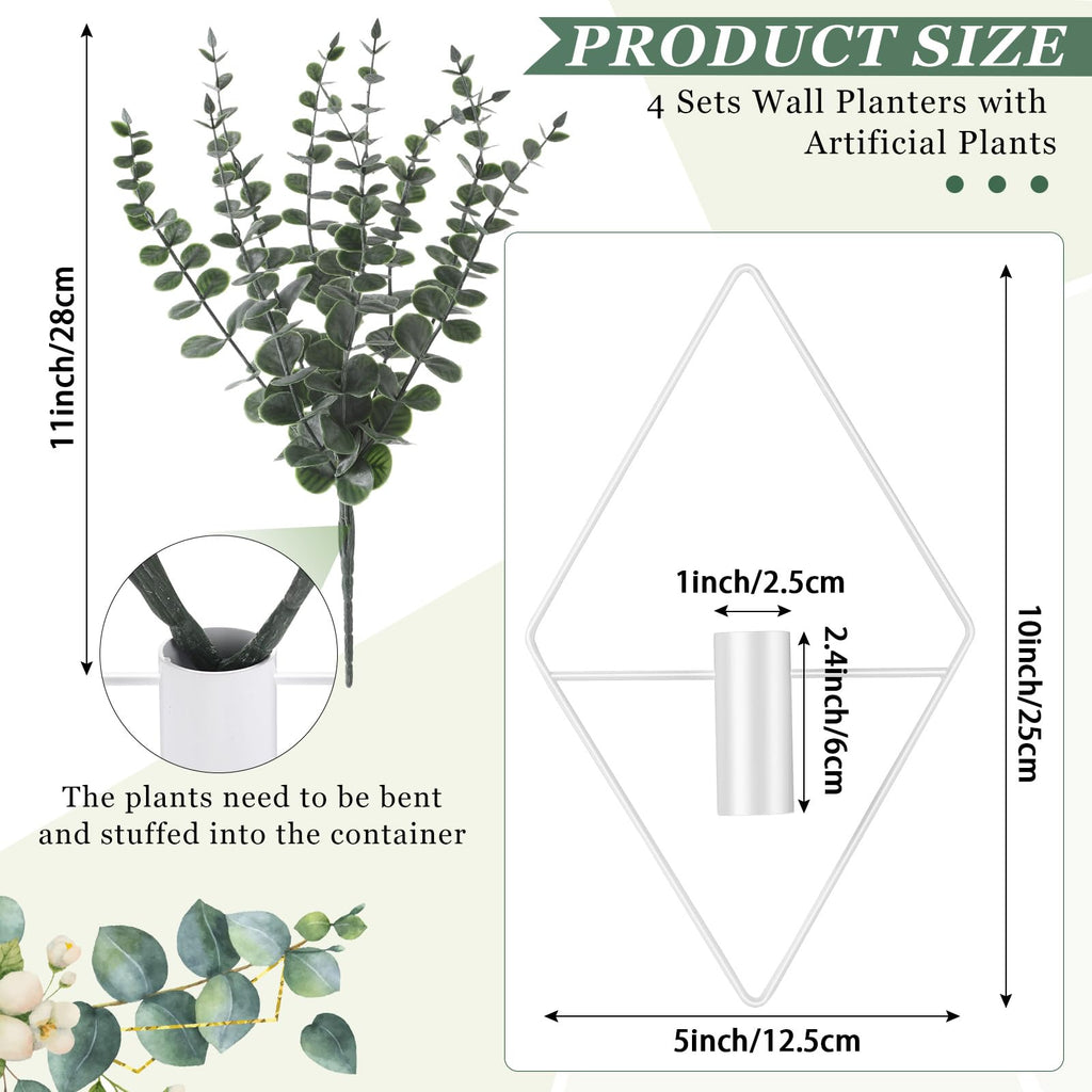 Jexine 4 Pcs Hanging Planters with Artificial Eucalyptus Metal Hanging Vase Indoor Plants Holder Modern Geometric Boho Bathroom Wall Decor for Living Room Home Office(Black)
