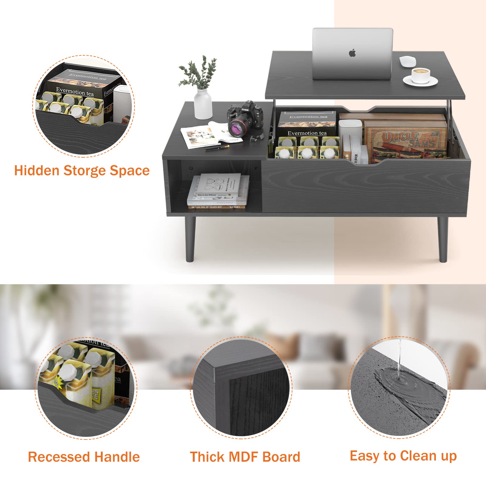 Sweetcrispy Lift Top Coffee Tables for Living Room, Small Rising Wooden Center Tables with Storage Shelf and Center Tables, with Storage Shelf.