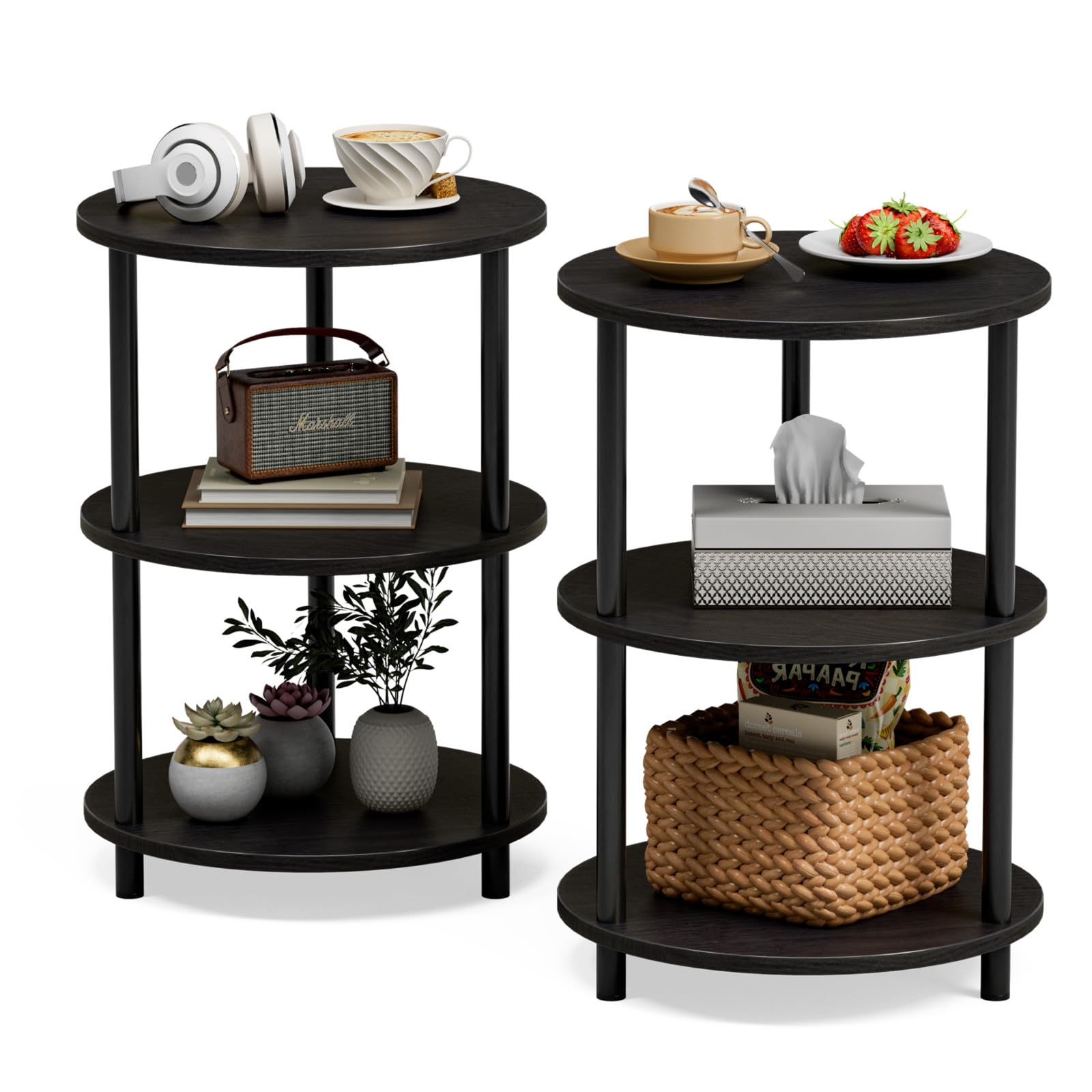 Small Round Coffee Table - 3 Tier Design Accent Table, Narrow Side or Bedside Stand, Industrial Vintage Nightstand for Bedroom, Living Room, or Small Spaces, Rustic Brown