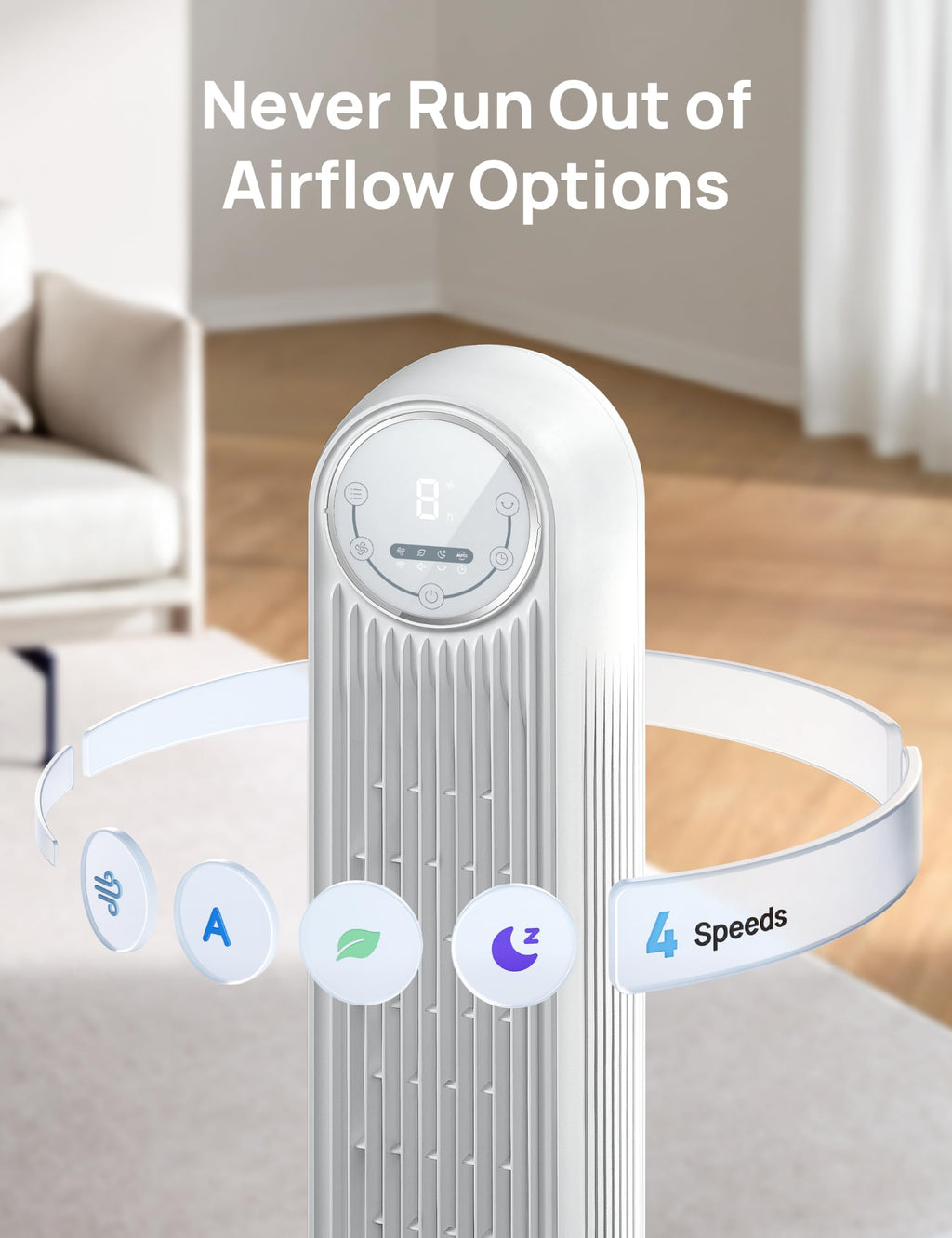 DREO Tower Fan for Bedroom, 2026 Upgraded DC Motor, 28ft/s High Velocity, 20dB Ultra Quiet Standing Fan, 8 Speeds 4 Modes, 90° Oscillating Bladeless Fan for Indoors, Floor Fans with Remote, Black