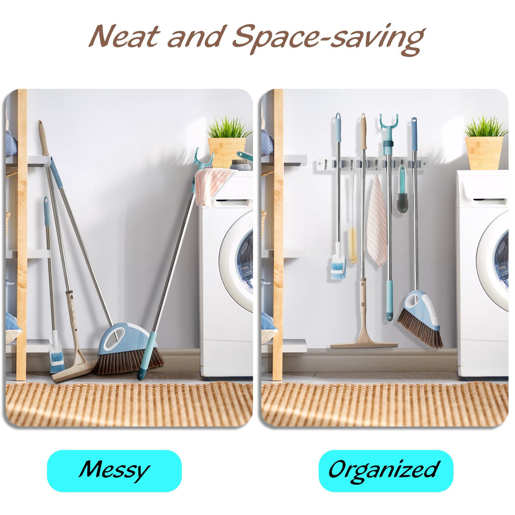Mop and Broom Holder Wall Mount - Rustic Wood Broom Mop Hanger - Wall Mounted Garden Tool Rack Organizer for Closet Garage Laundry Room Kitchen Decor With 4 Slots & 4 Hooks