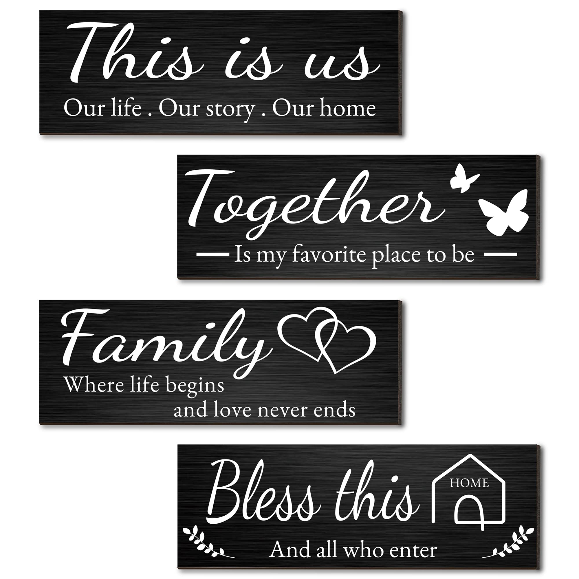 4 Pieces Home Wall Signs, THIS IS US/TOGETHER/BLESS THIS HOME/FAMILY Wall Decor For Living Room Bedroom, Rustic Wooden Farmhouse Wall Art , 4.7 x 13.8 Inch(Brown)