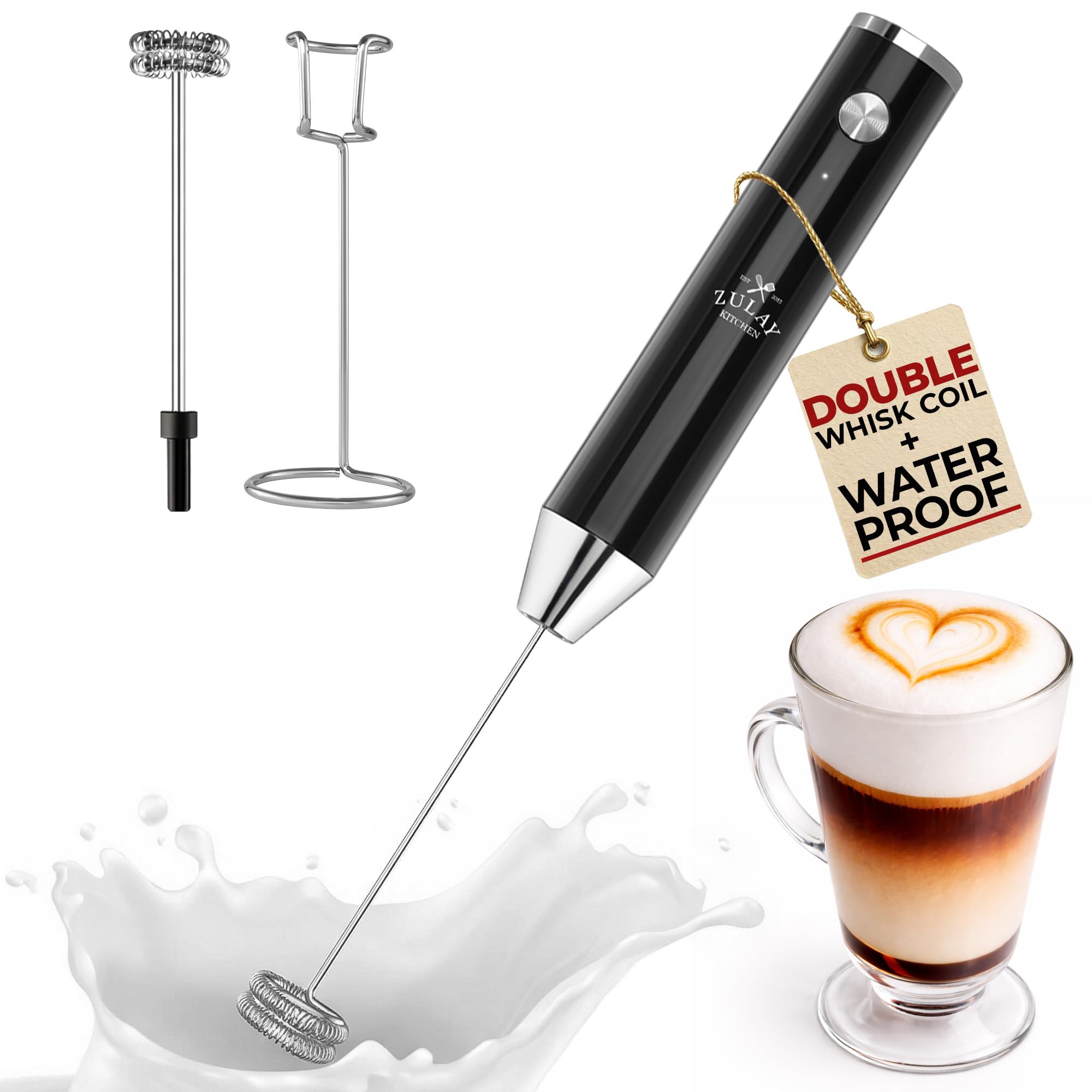 Zulay Kitchen Powerful Milk Frother Wand With 2 Duracell Batteries - Ultra Fast Handheld Drink Mixer - Electric Whisk Foam Maker for Coffee, Lattes, Cappuccino, Matcha, Hot Chocolate & Creamer - Black