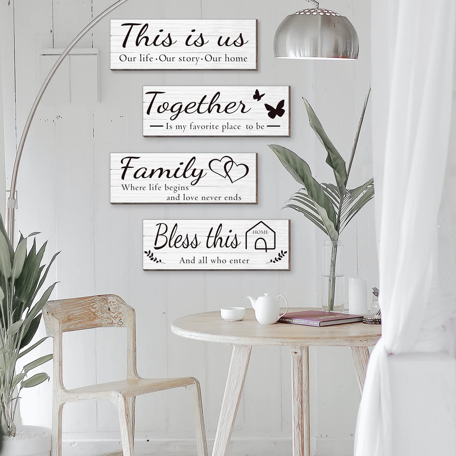 4 Pieces Home Wall Signs, THIS IS US/TOGETHER/BLESS THIS HOME/FAMILY Wall Decor For Living Room Bedroom, Rustic Wooden Farmhouse Wall Art , 4.7 x 13.8 Inch(Brown)