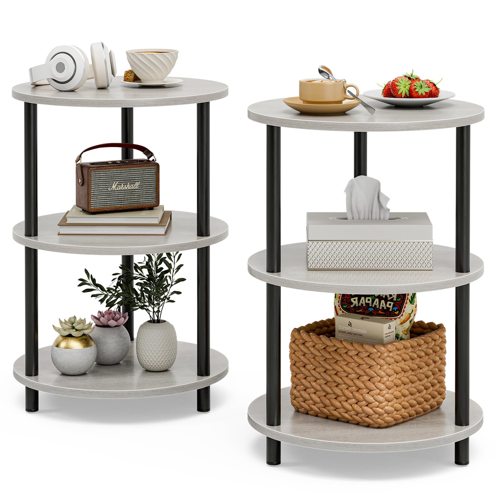 Small Round Coffee Table - 3 Tier Design Accent Table, Narrow Side or Bedside Stand, Industrial Vintage Nightstand for Bedroom, Living Room, or Small Spaces, Rustic Brown