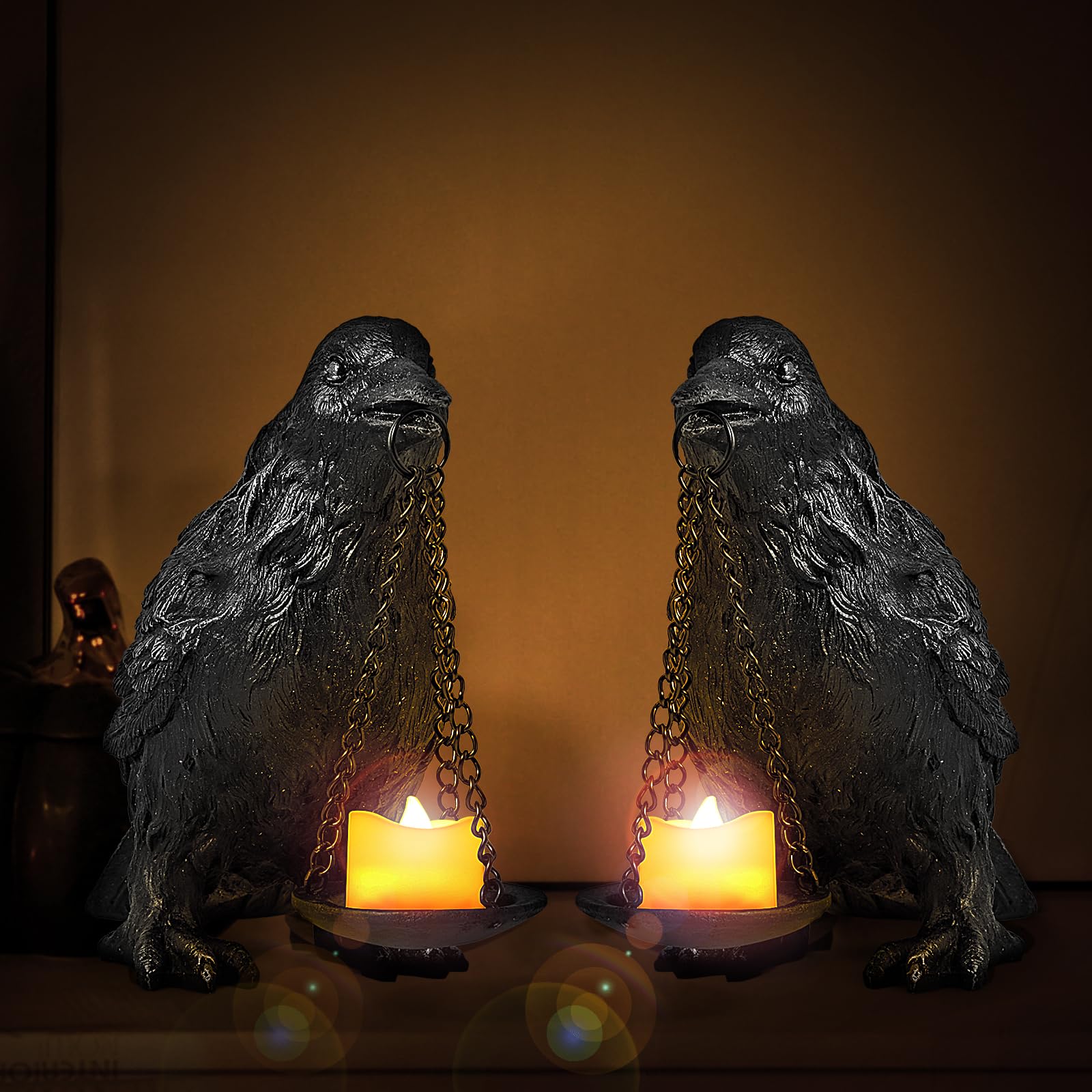 Gothic Crow Lamp with Tealight Candle Holder Resin Raven Decor Statue Gothic Home Decor for Bedroom Unique Goth Gifts Black