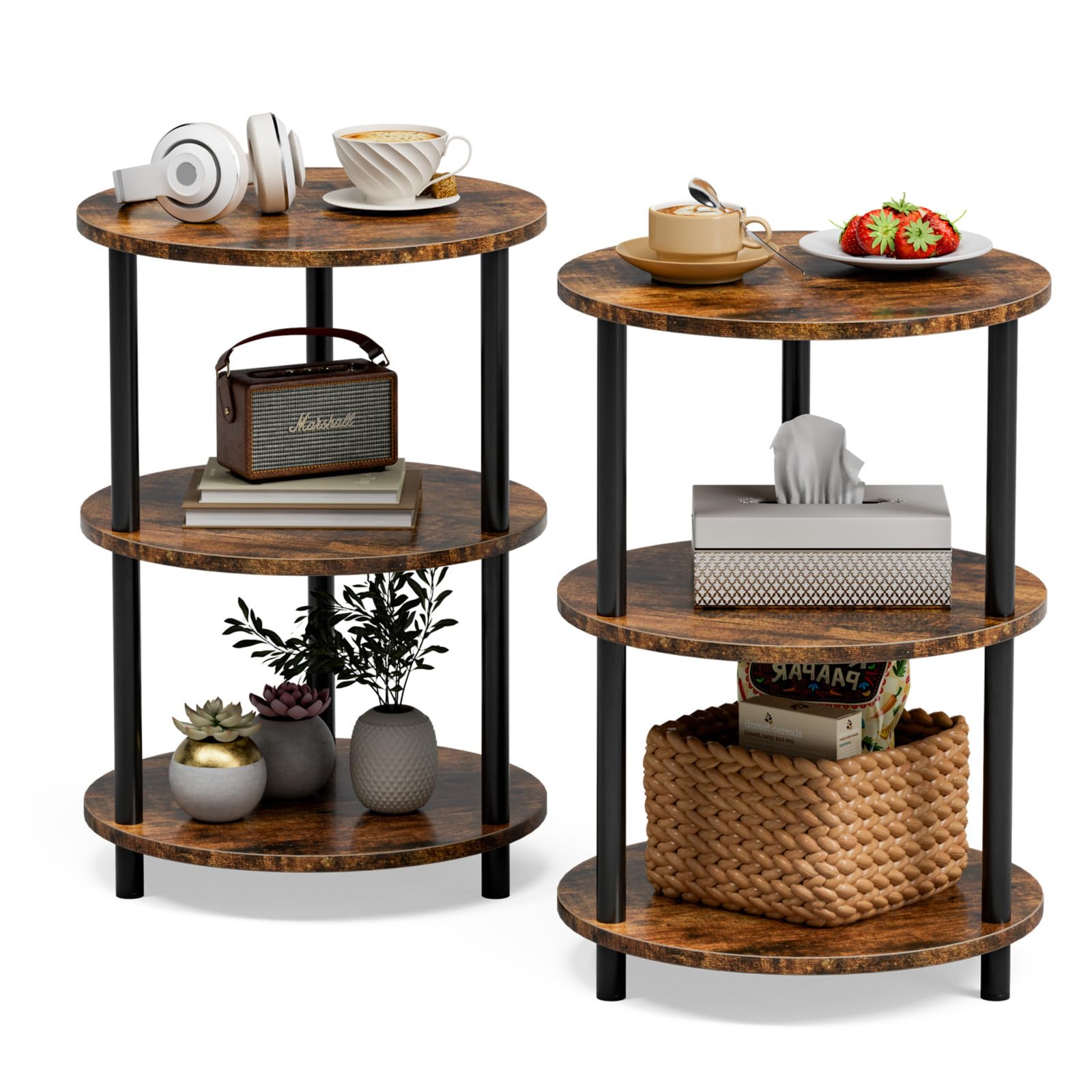 Small Round Coffee Table - 3 Tier Design Accent Table, Narrow Side or Bedside Stand, Industrial Vintage Nightstand for Bedroom, Living Room, or Small Spaces, Rustic Brown