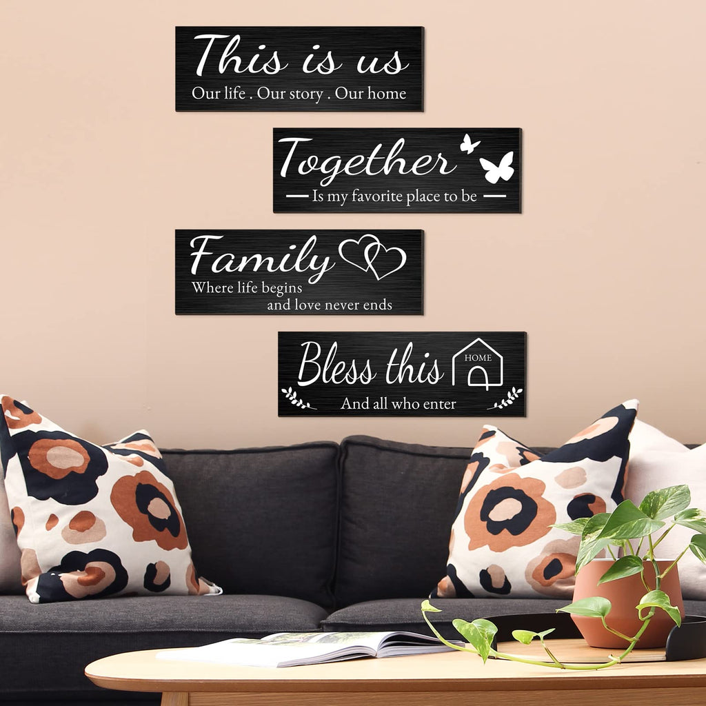 4 Pieces Home Wall Signs, THIS IS US/TOGETHER/BLESS THIS HOME/FAMILY Wall Decor For Living Room Bedroom, Rustic Wooden Farmhouse Wall Art , 4.7 x 13.8 Inch(Brown)