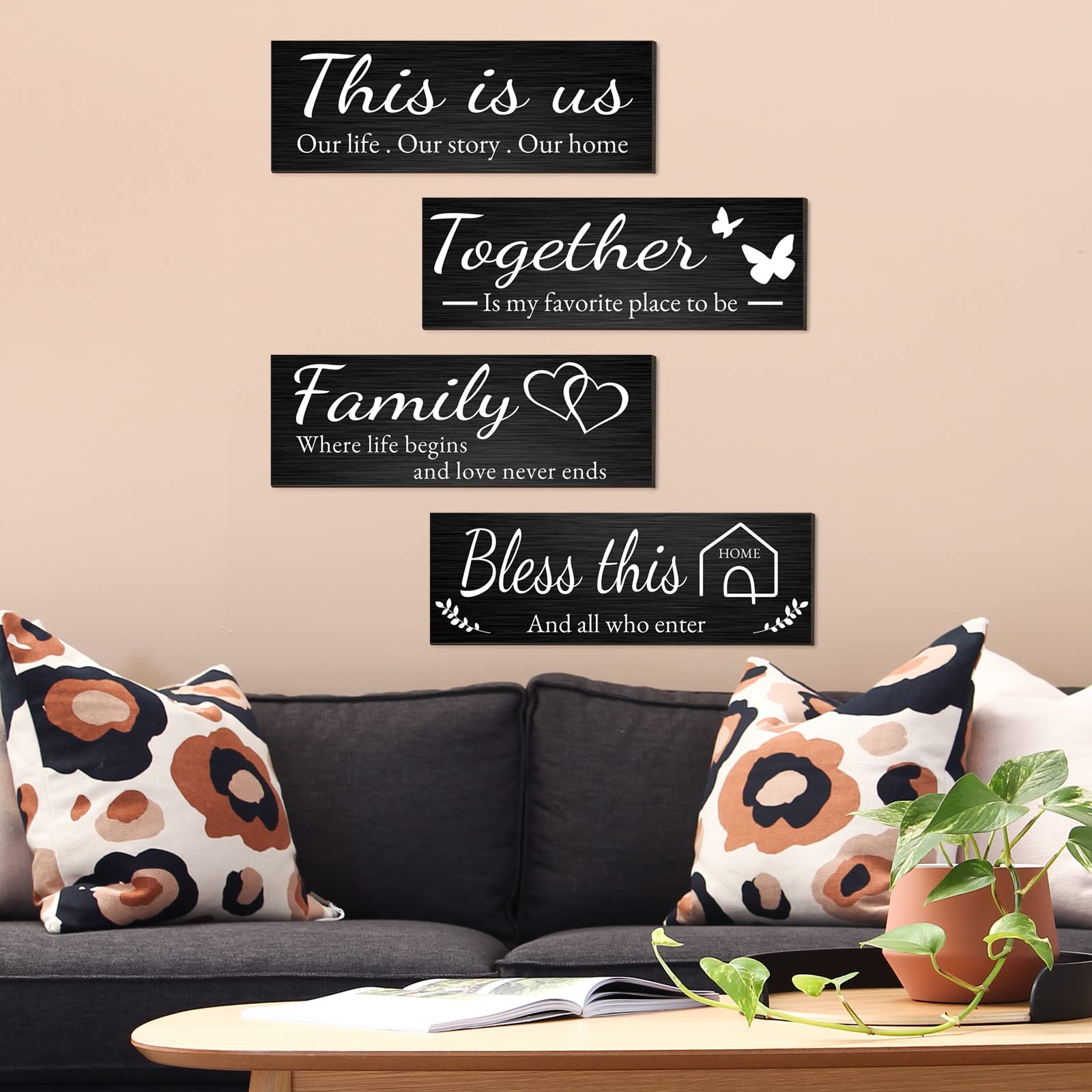4 Pieces Home Wall Signs, THIS IS US/TOGETHER/BLESS THIS HOME/FAMILY Wall Decor For Living Room Bedroom, Rustic Wooden Farmhouse Wall Art , 4.7 x 13.8 Inch(Brown)