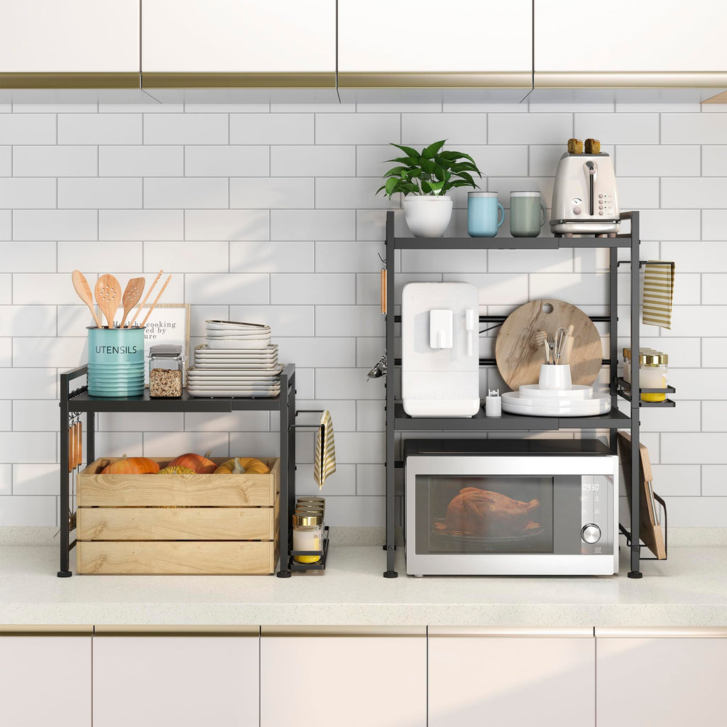 DOLALIKE Microwave Oven Rack, Expandable Microwave Stand Countertop Kitchen Utensils Tableware Storage, Carbon Steel Over Microwave Shelf Countertop with 3 Hooks