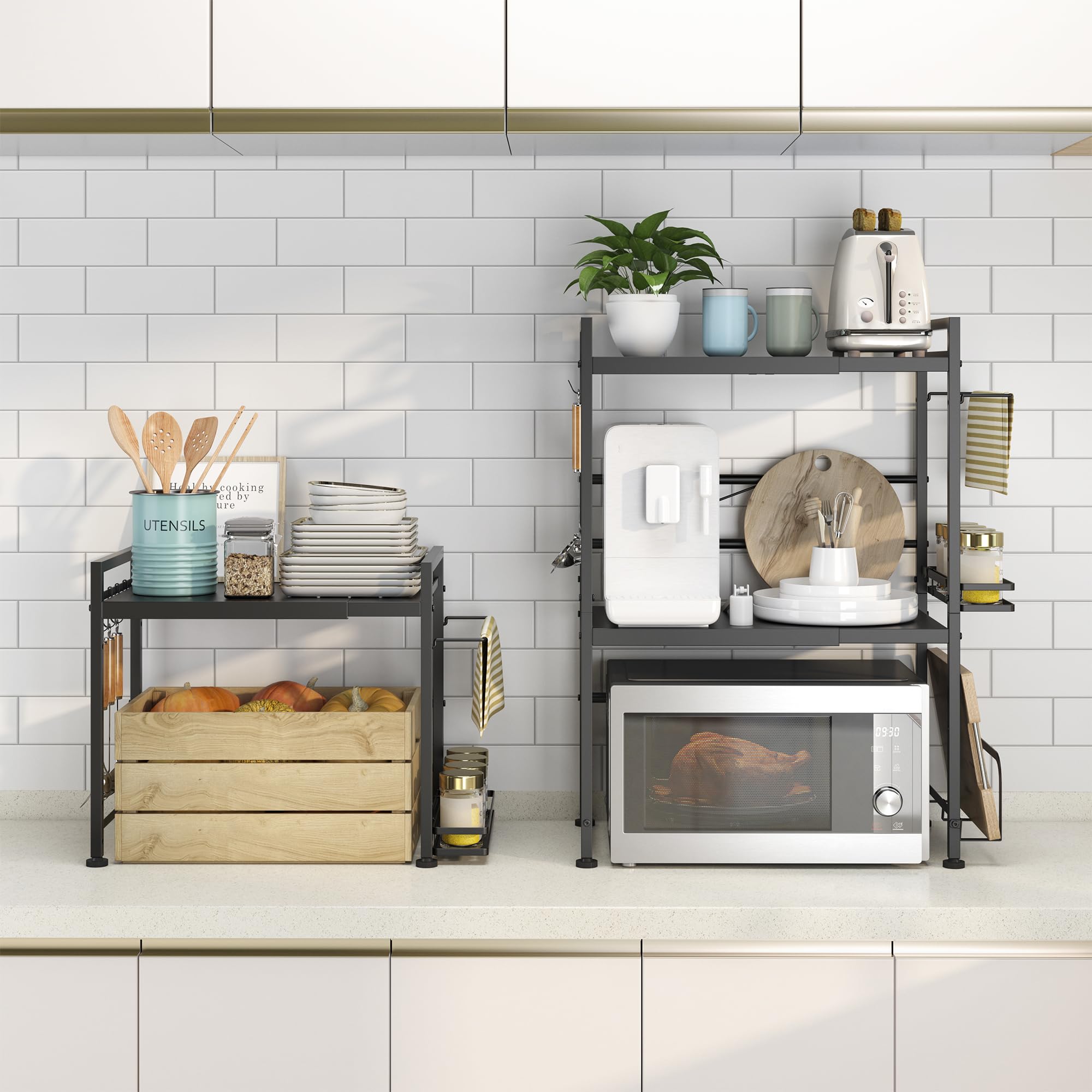 DOLALIKE Microwave Oven Rack, Expandable Microwave Stand Countertop Kitchen Utensils Tableware Storage, Carbon Steel Over Microwave Shelf Countertop with 3 Hooks